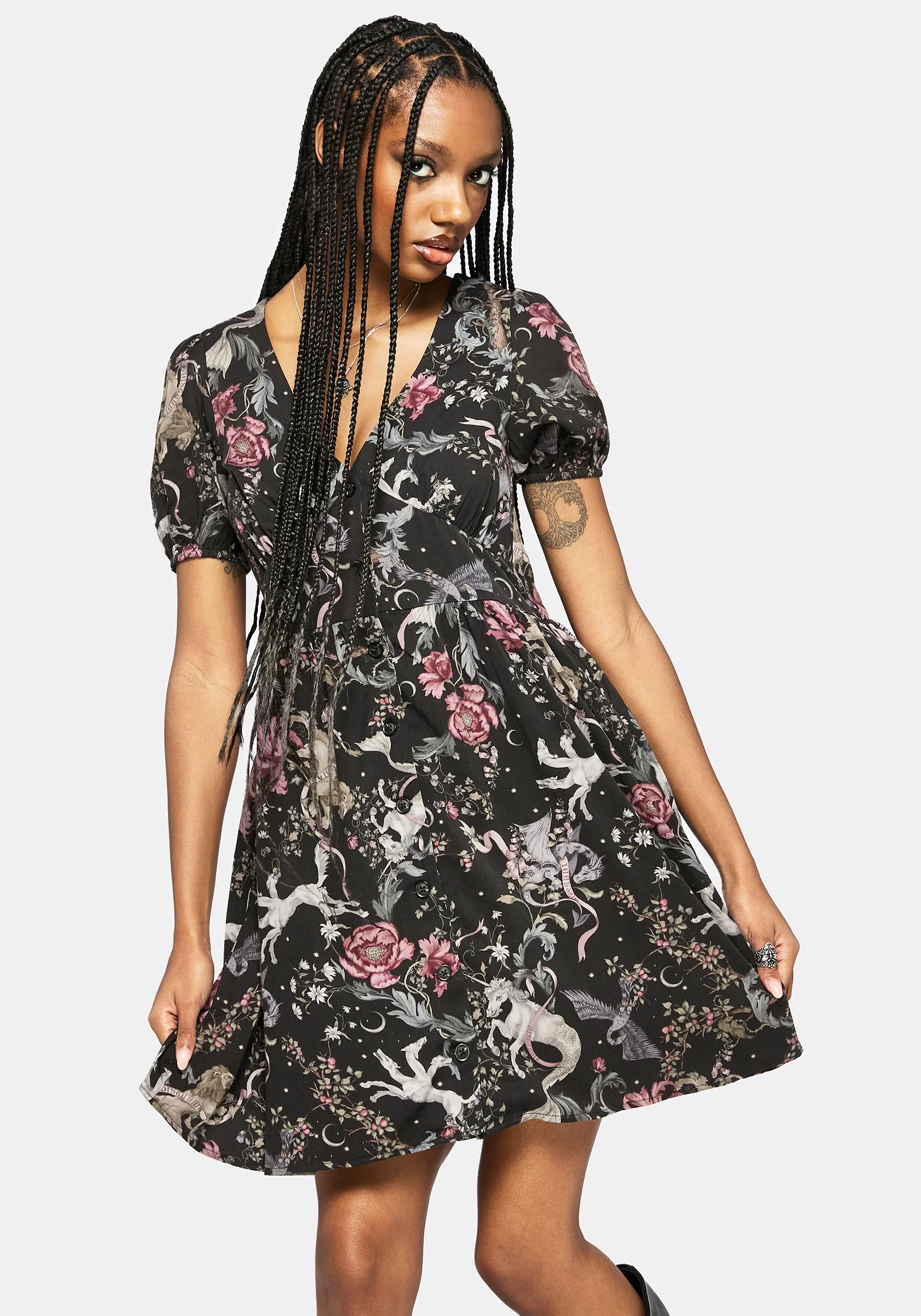 Merunicorn Enchanted Forest Print Button Up Mini Dress - Image 5