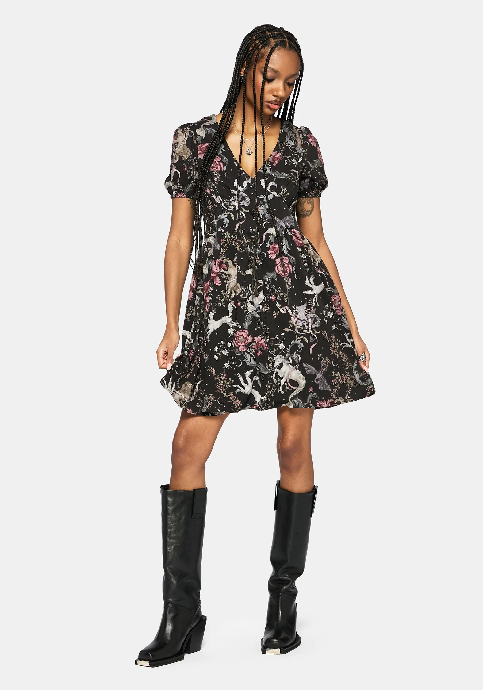 Merunicorn Enchanted Forest Print Button Up Mini Dress - Image 8