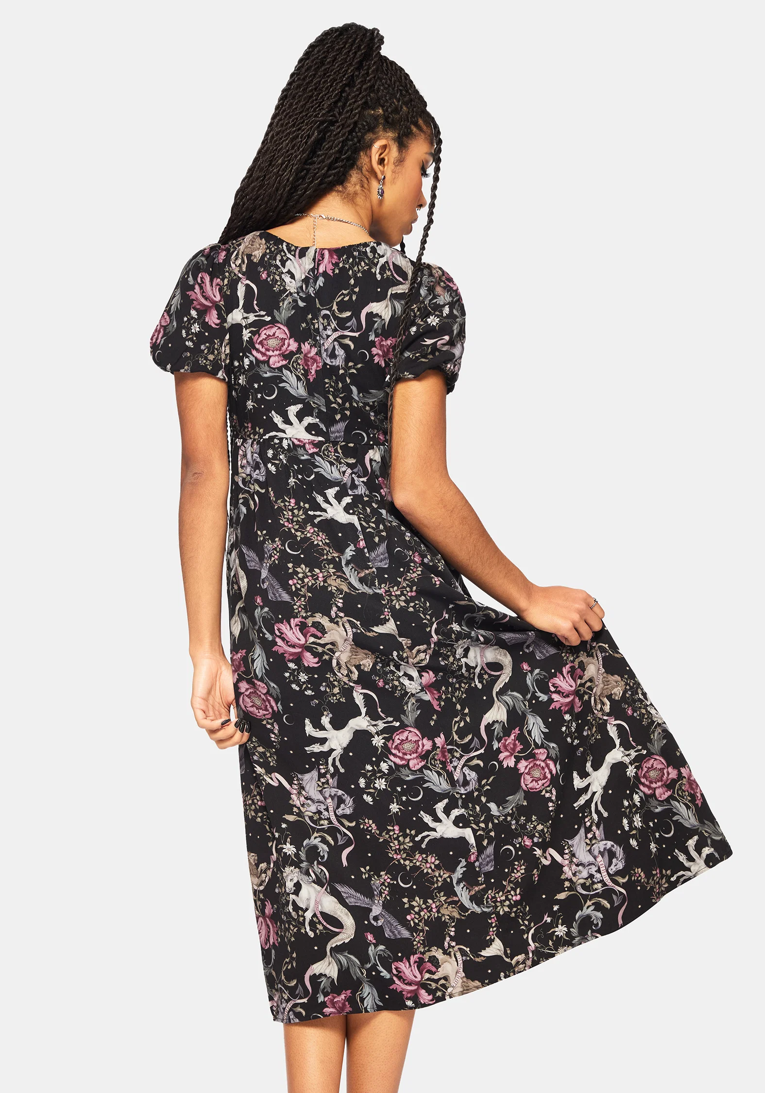 Merunicorn Enchanted Forest Print Puff Sleeve Midi Dress - Image 3
