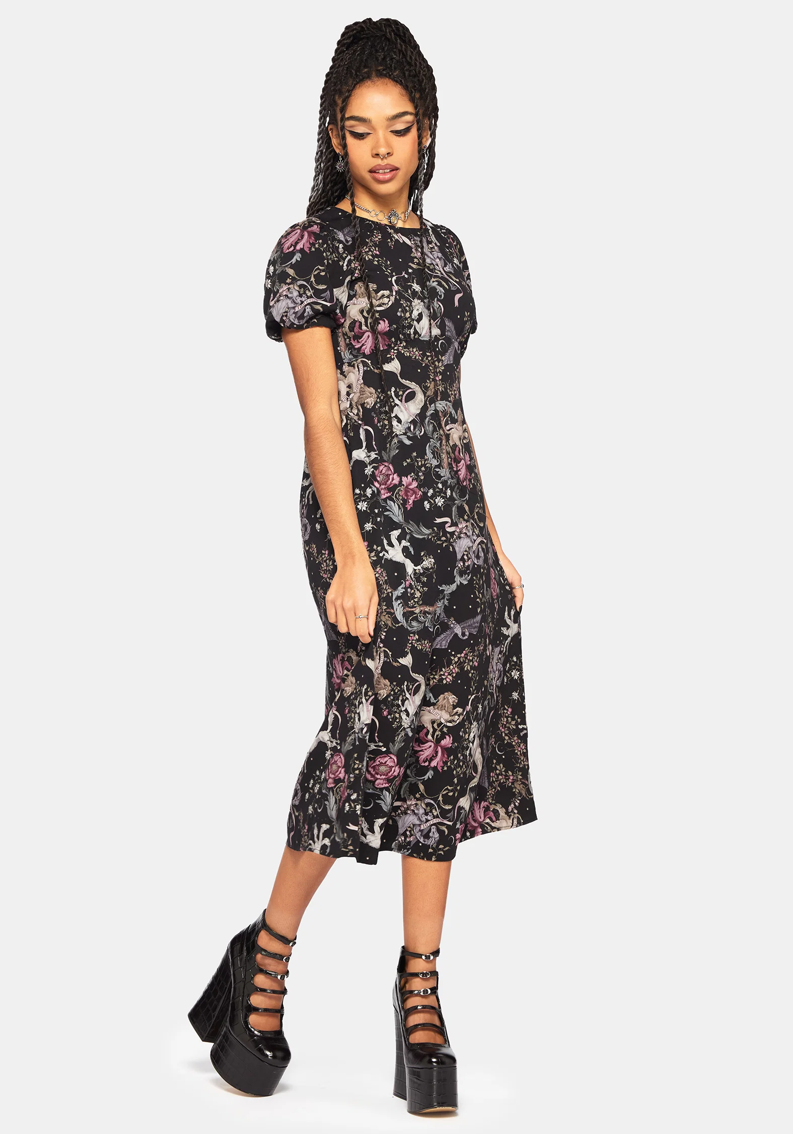 Merunicorn Enchanted Forest Print Puff Sleeve Midi Dress - Image 4