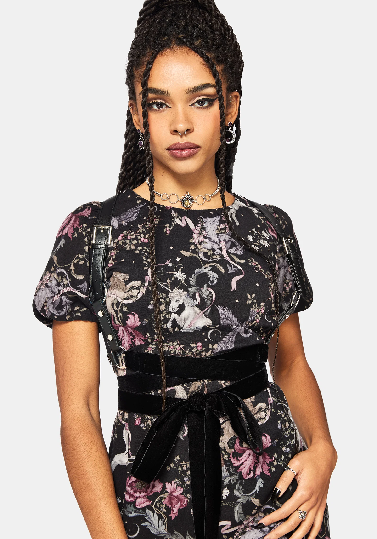 Merunicorn Enchanted Forest Print Puff Sleeve Midi Dress - Image 5