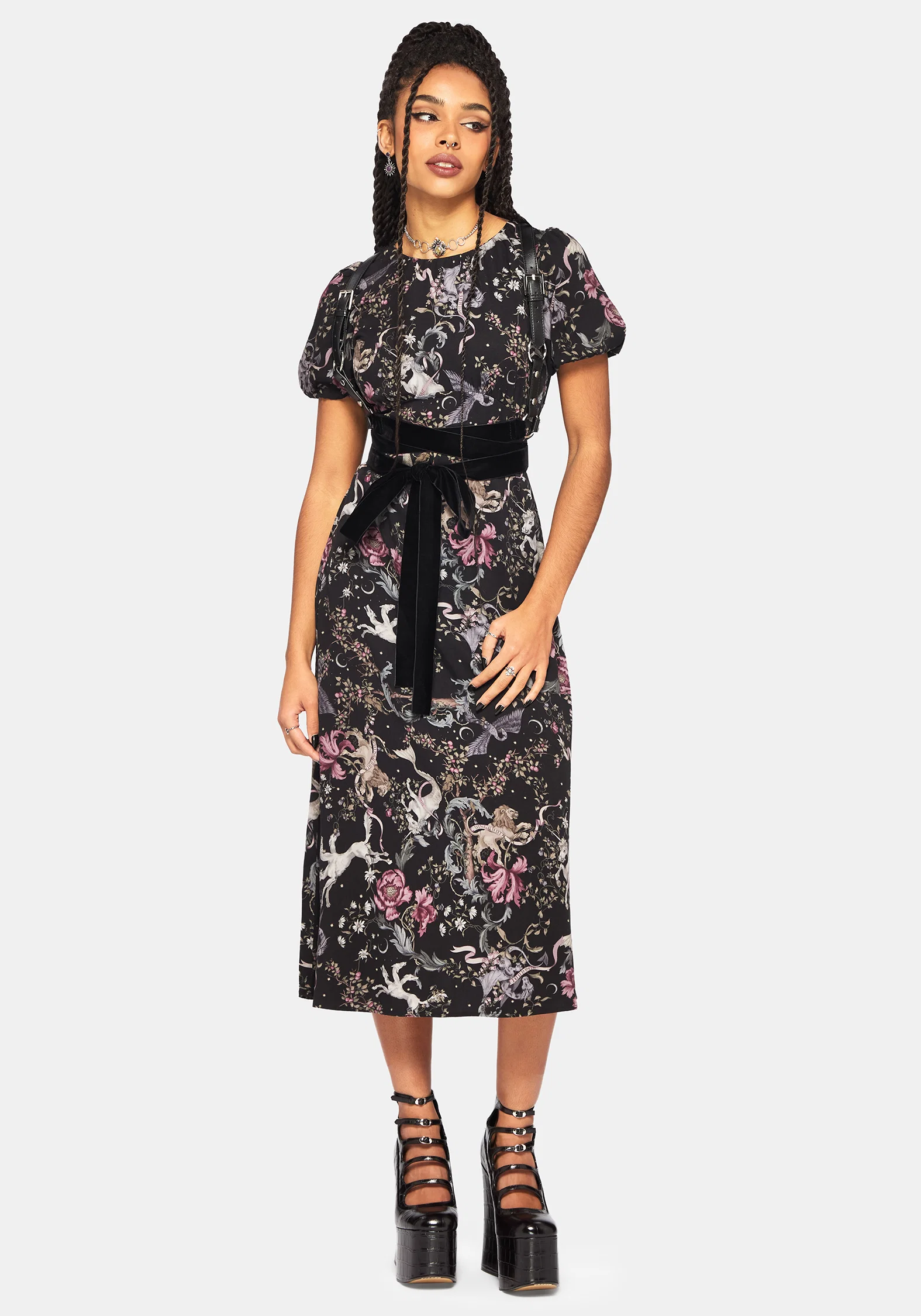 Merunicorn Enchanted Forest Print Puff Sleeve Midi Dress - Image 6