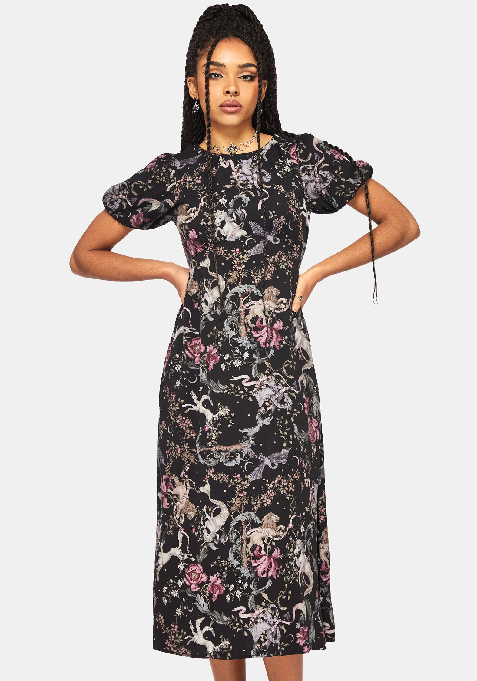 Merunicorn Enchanted Forest Print Puff Sleeve Midi Dress - Image 7
