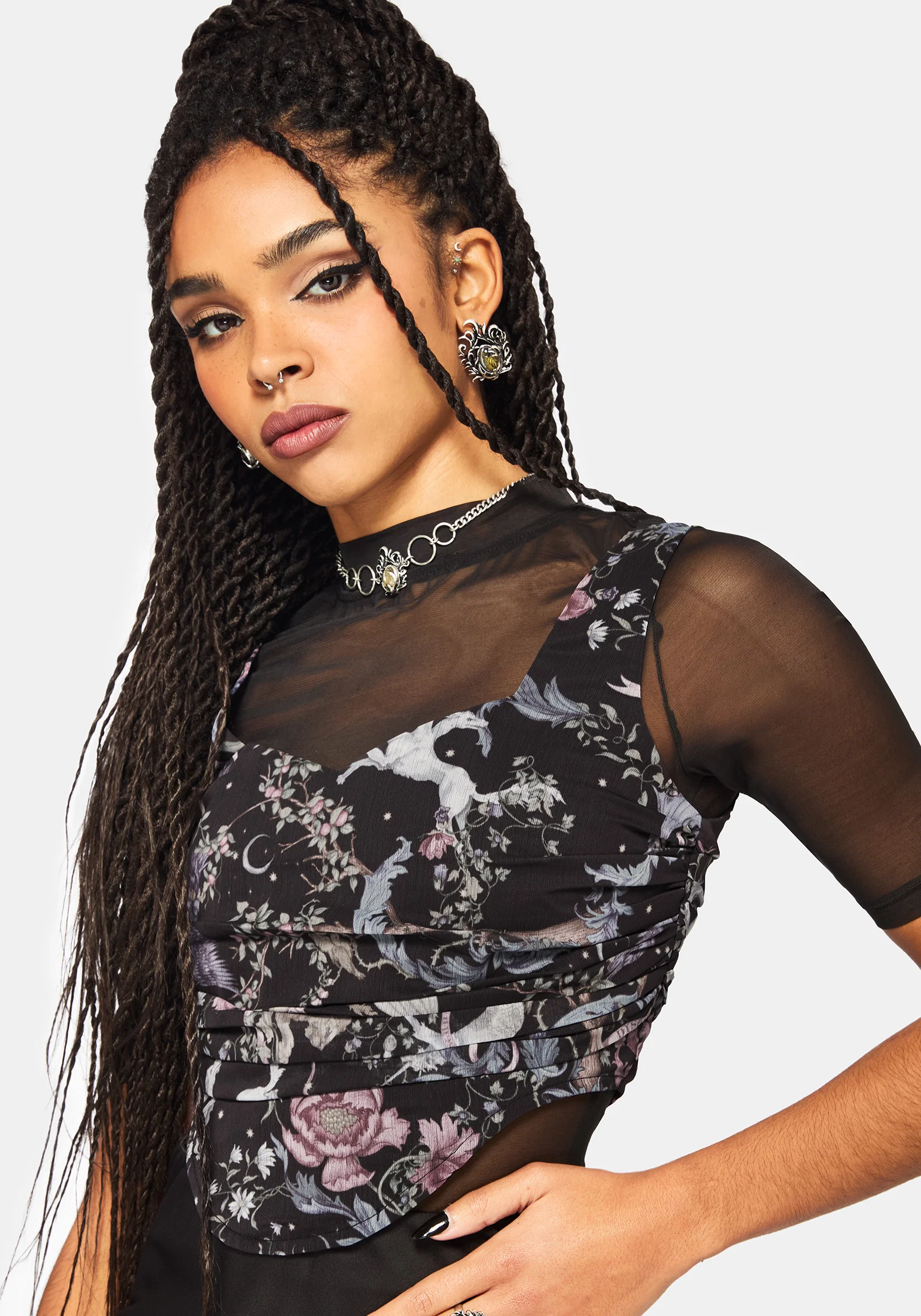 Merunicorn Enchanted Forest Print Ruched Corset Top - Image 2