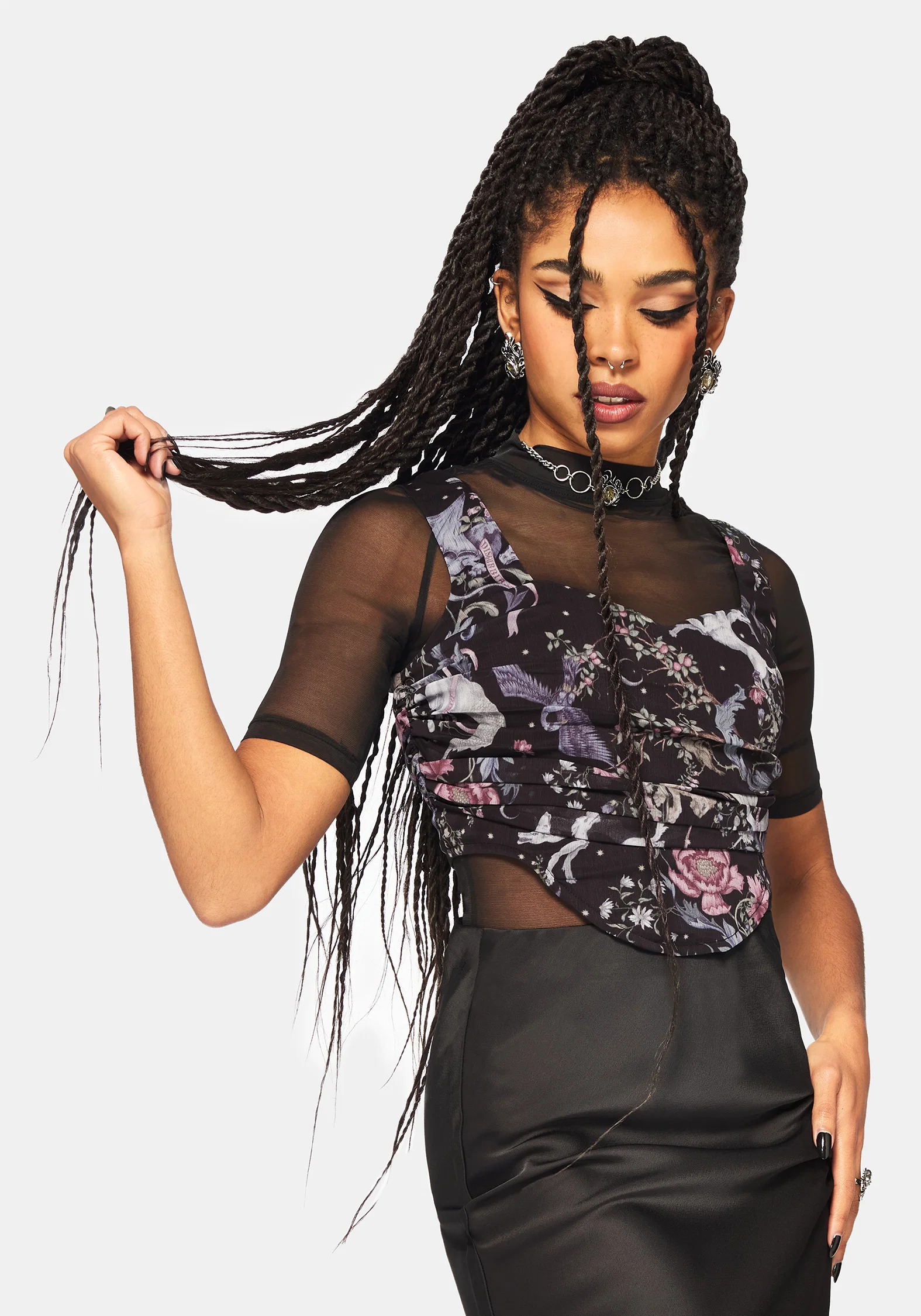 Merunicorn Enchanted Forest Print Ruched Corset Top - Image 5