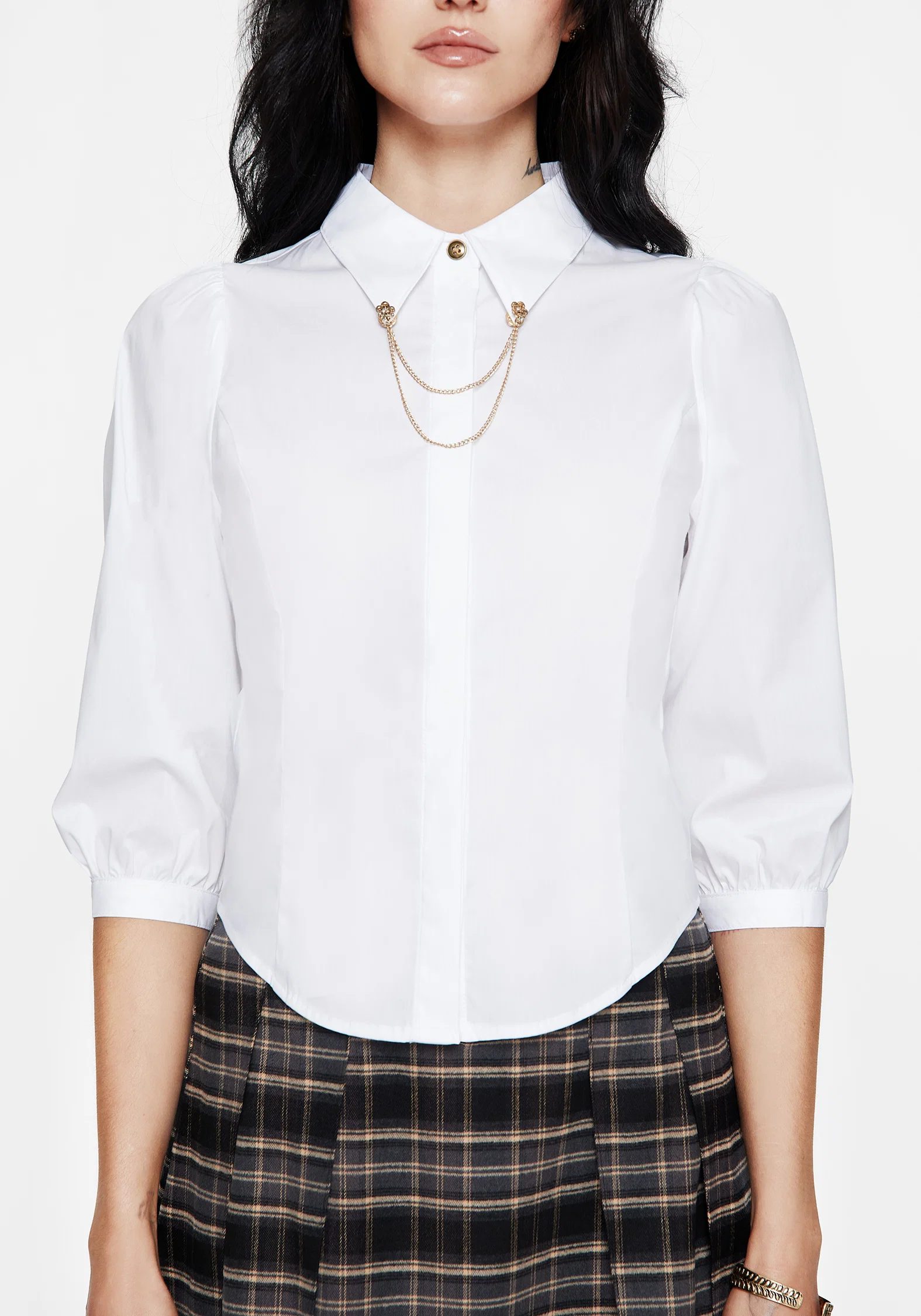 Mire Button Up Puff Sleeve Chain Collared Shirt - Image 5