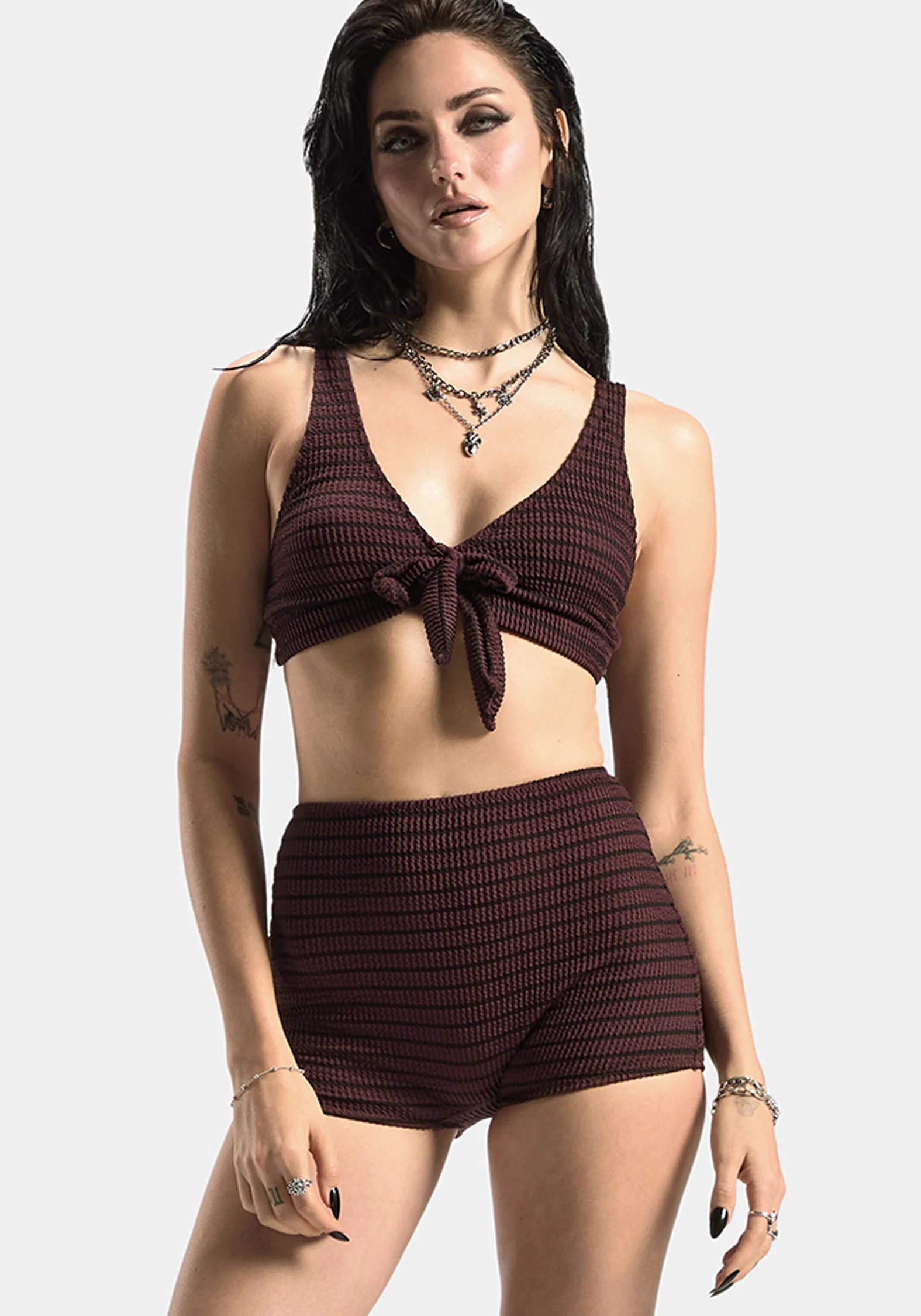 Mire Stripe High Waist Swim Shorts - Burgundy - Image 2