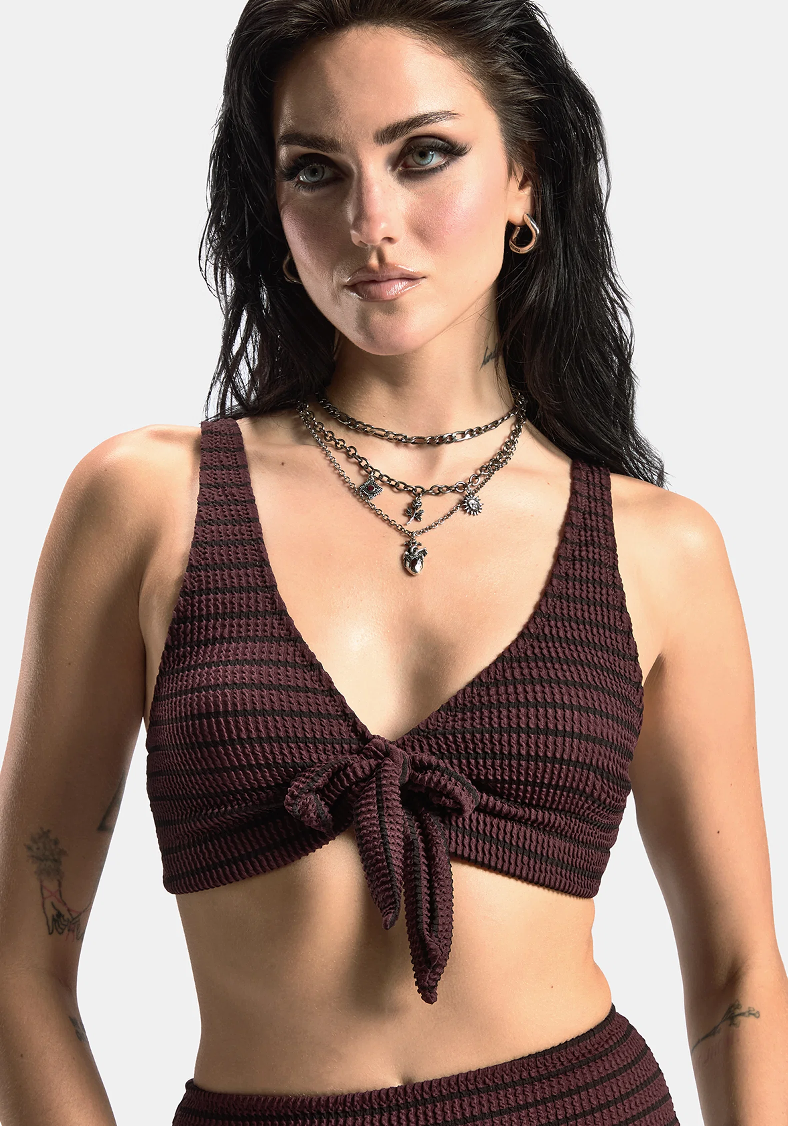 Mire Stripe Tie Detail Bikini Top - Burgundy - Image 4
