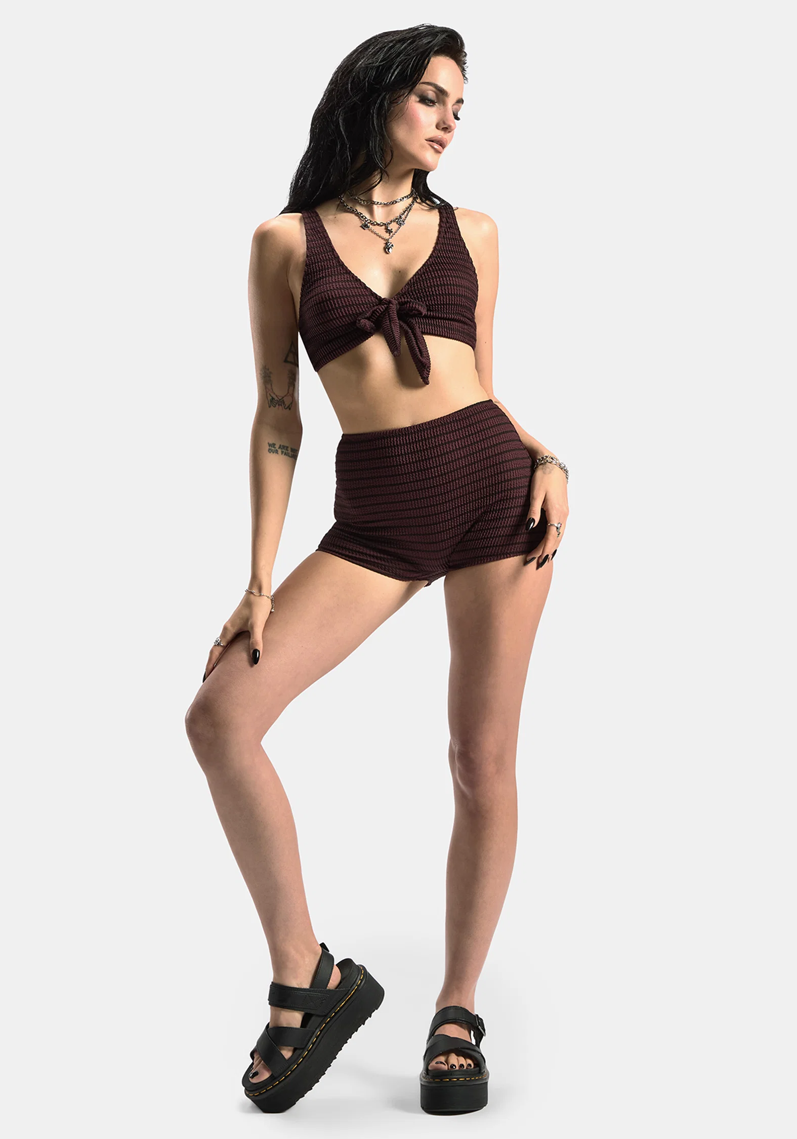Mire Stripe Tie Detail Bikini Top - Burgundy - Image 5
