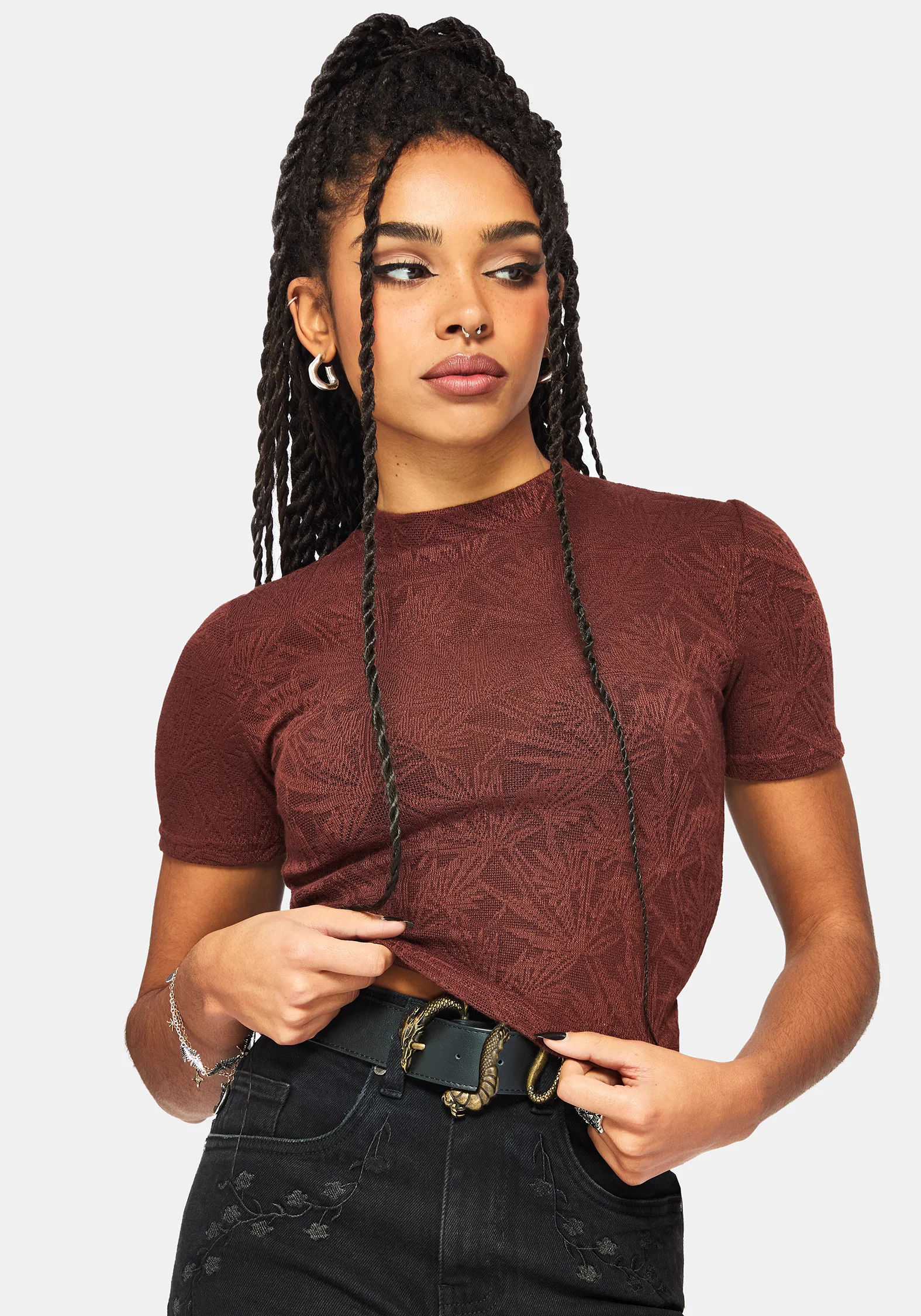 Moiren Brown Knit Short Sleeved Crop Top - Image 5