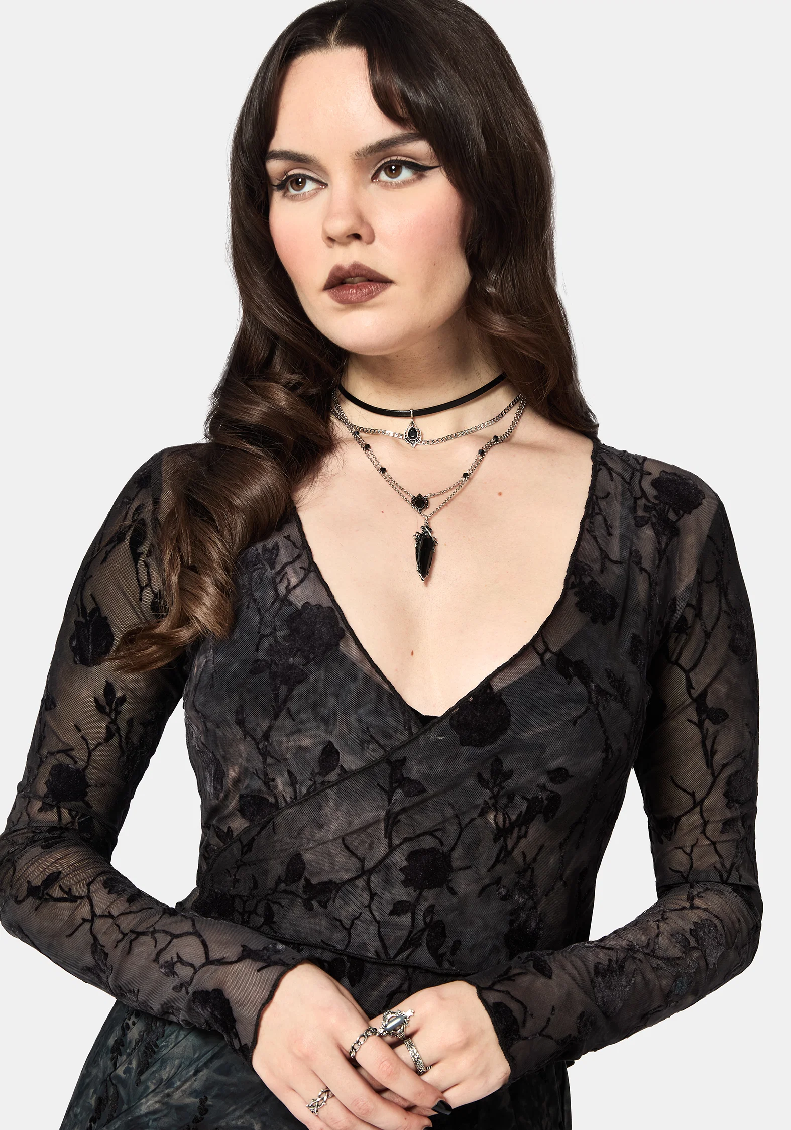 Monroe Flocked Long Sleeved Mesh Wrap Over Top - Image 2
