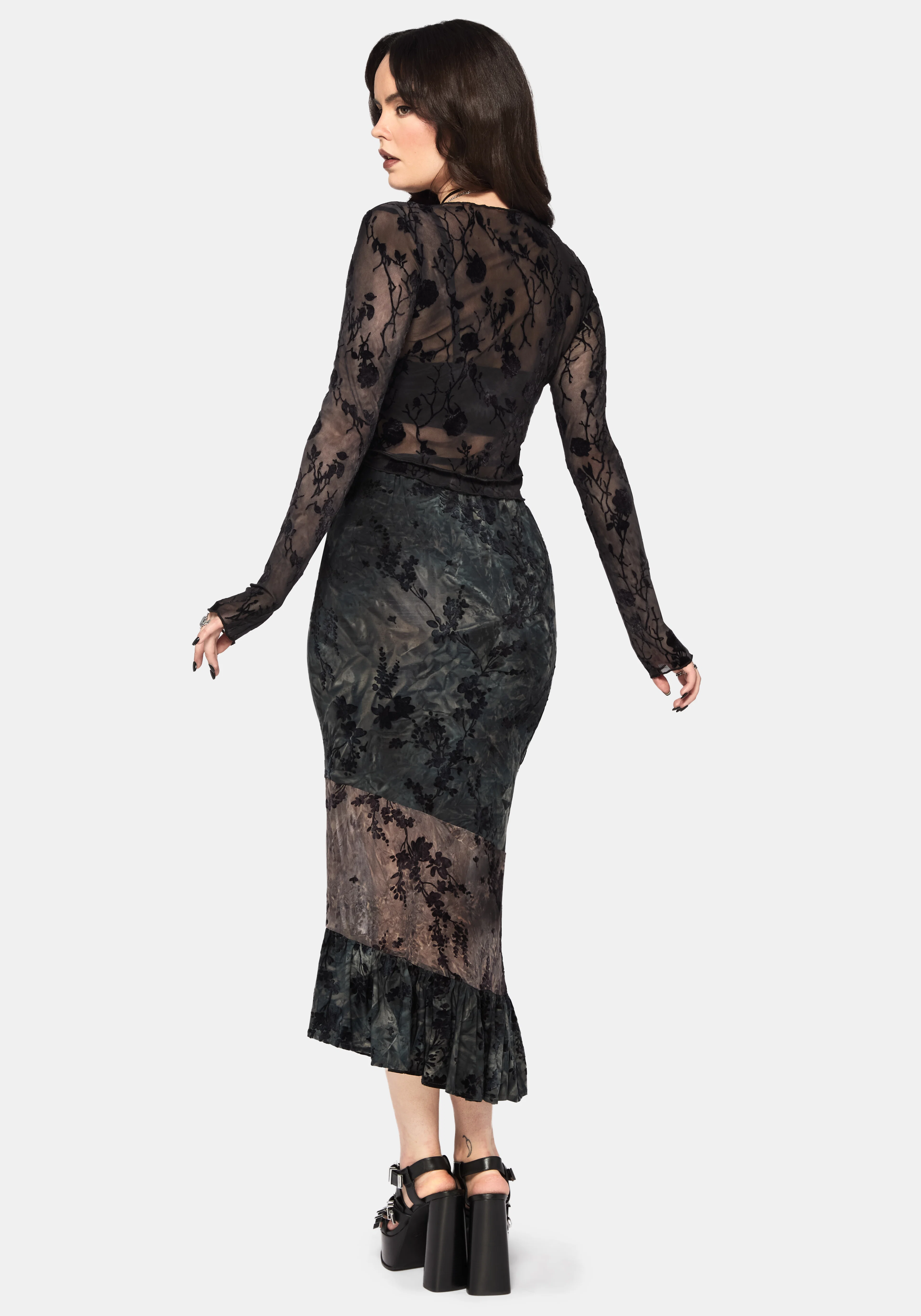 Monroe Flocked Long Sleeved Mesh Wrap Over Top - Image 3
