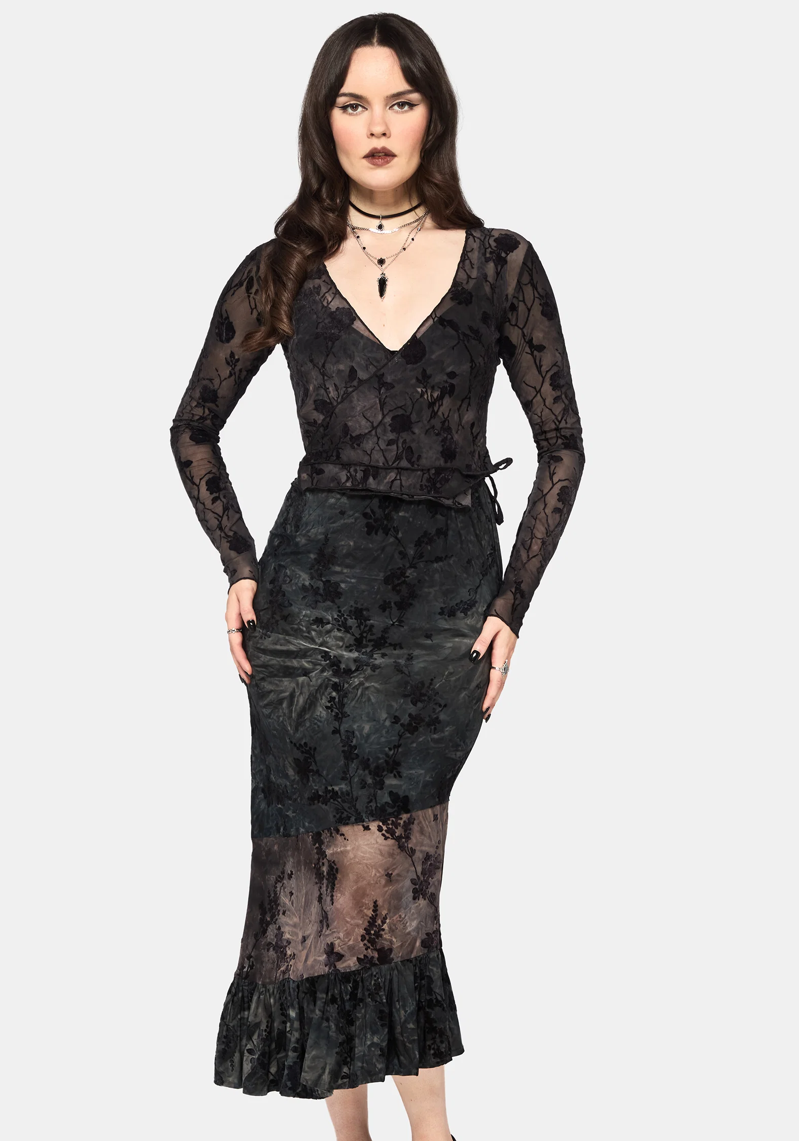 Monroe Flocked Long Sleeved Mesh Wrap Over Top - Image 4