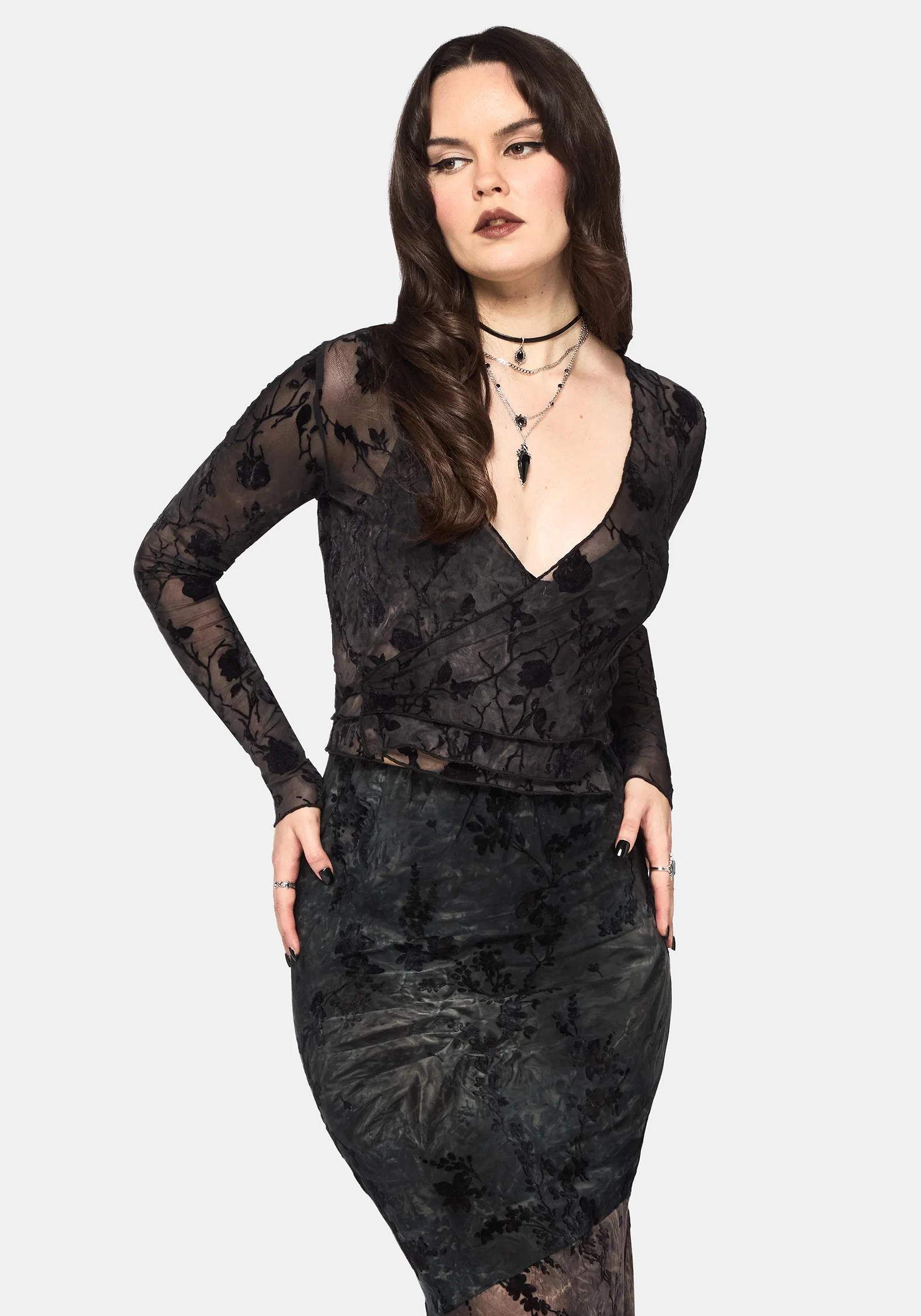 Monroe Flocked Long Sleeved Mesh Wrap Over Top - Image 5