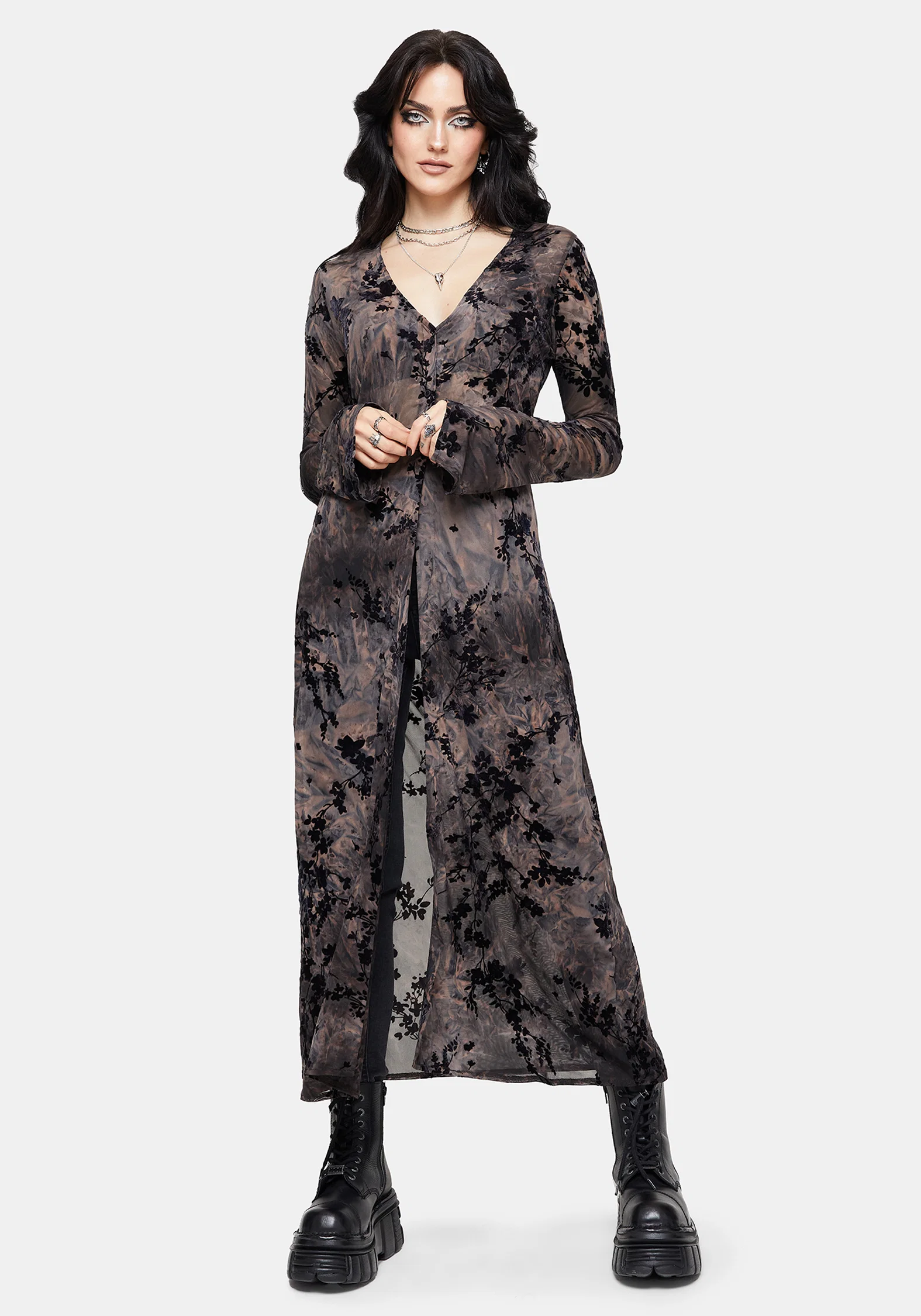 Monroe Flocked Mesh Long Sleeve Midaxi Overdress - Image 4