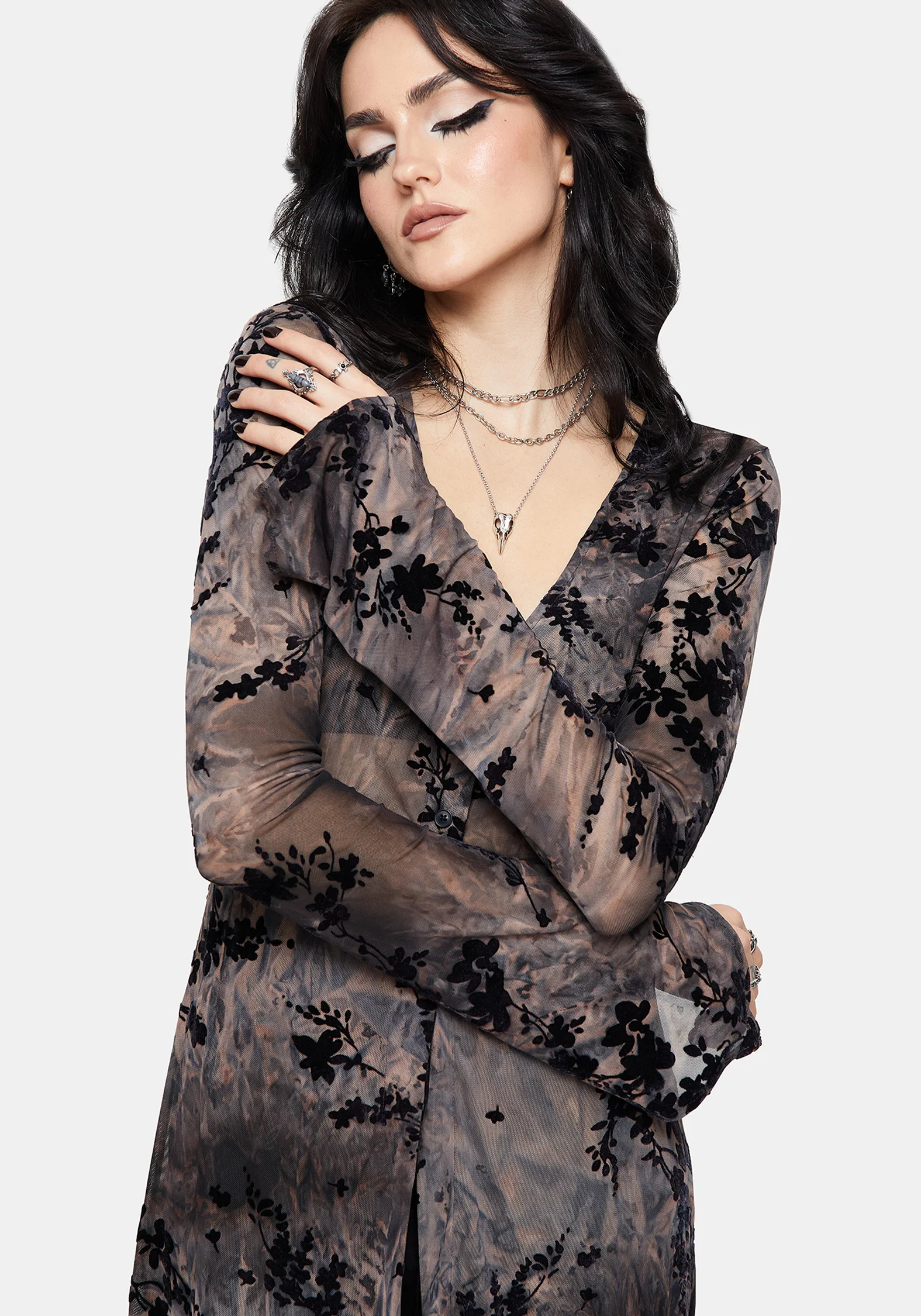 Monroe Flocked Mesh Long Sleeve Midaxi Overdress - Image 5