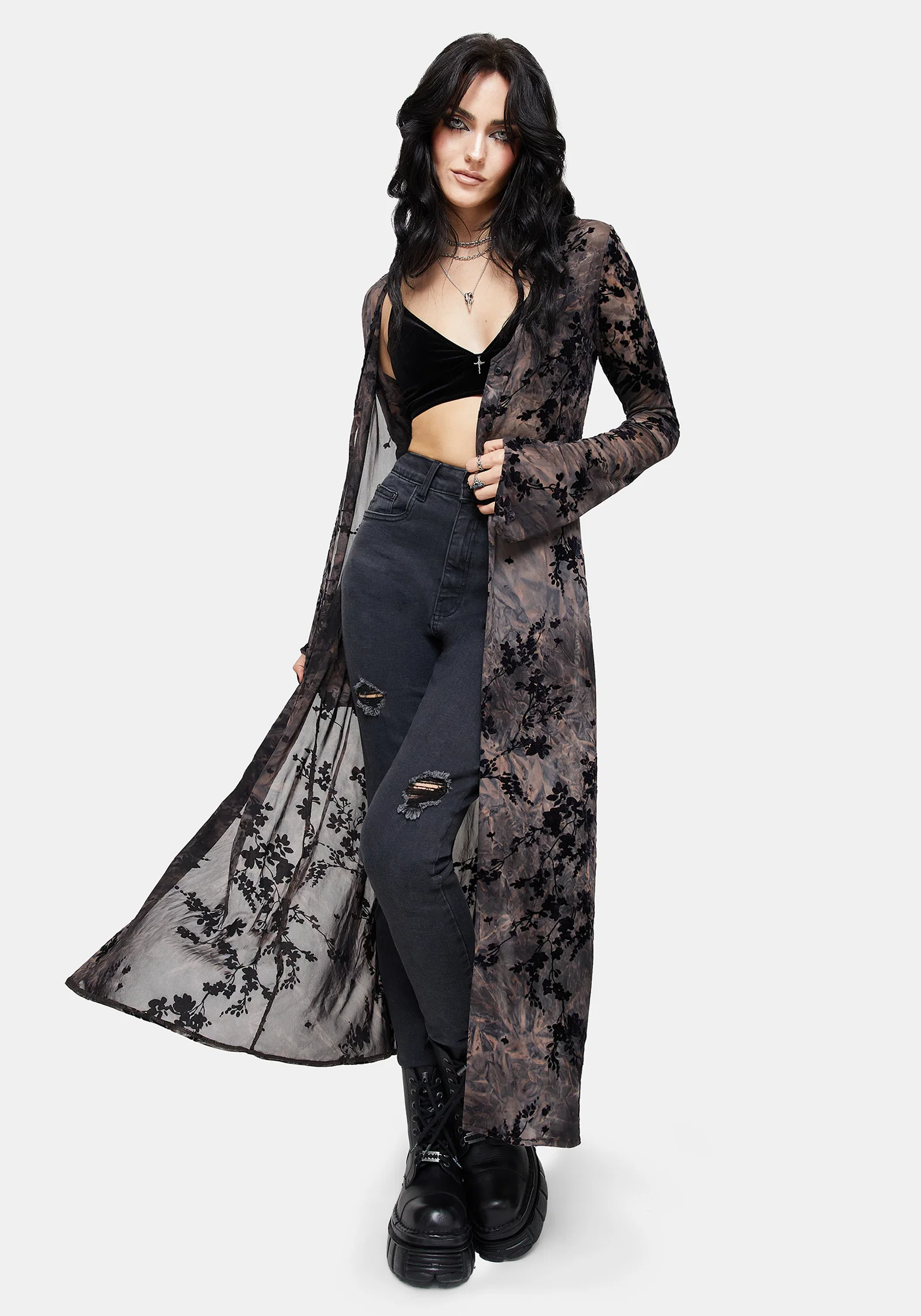 Monroe Flocked Mesh Long Sleeve Midaxi Overdress - Image 6