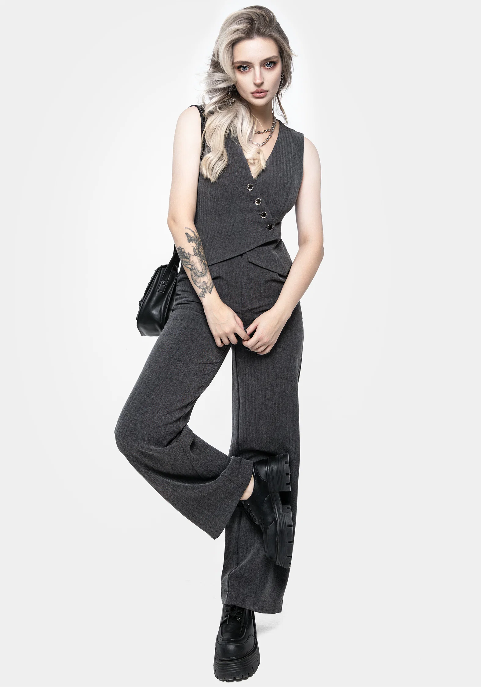 Moonage Herringbone Asymmetric Waistcoat - Grey - Image 4