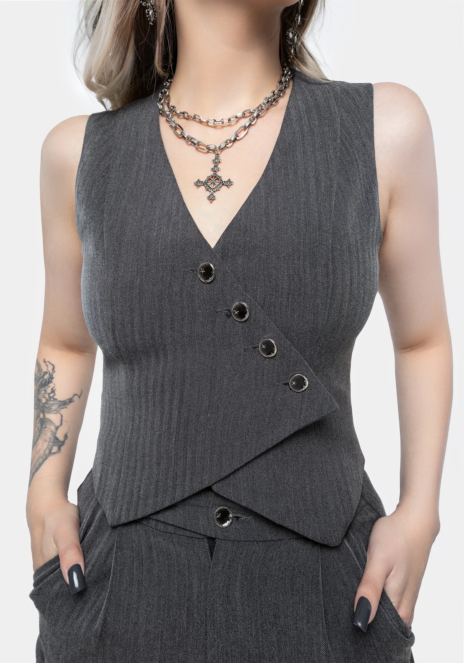 Moonage Herringbone Asymmetric Waistcoat - Grey - Image 5