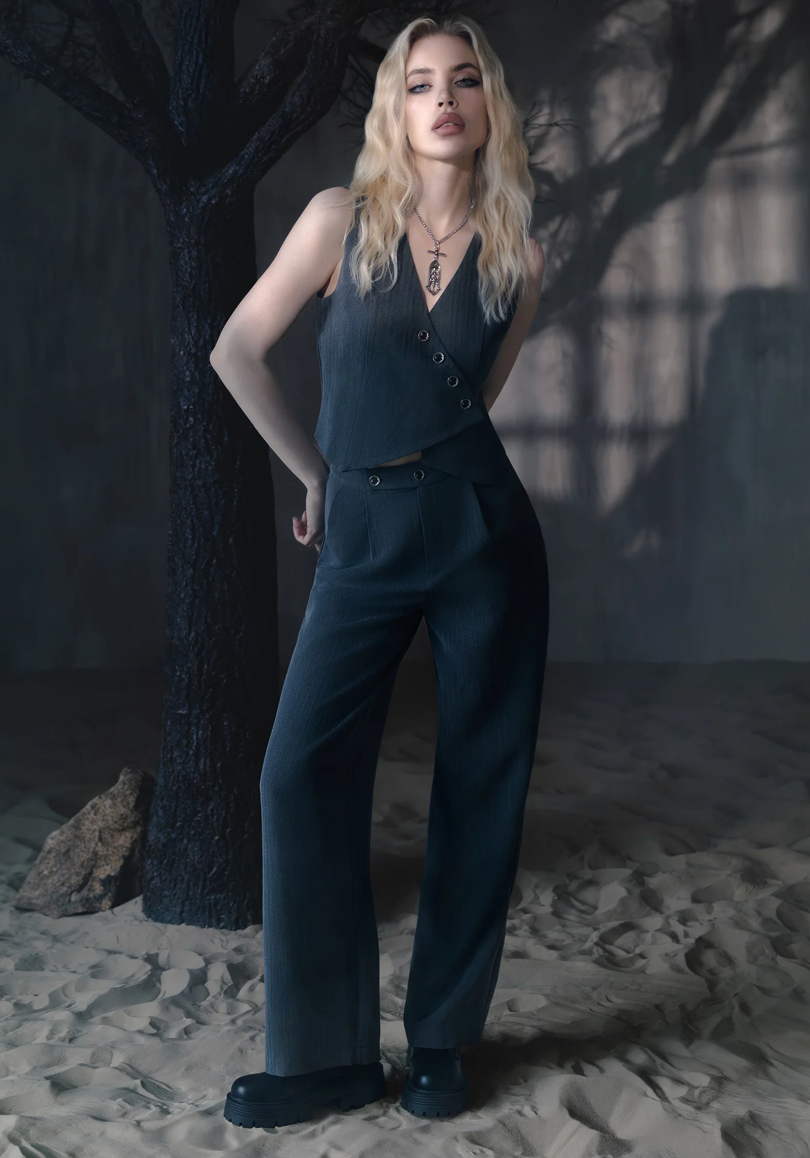 Moonage Herringbone Asymmetric Waistcoat - Grey - Image 9