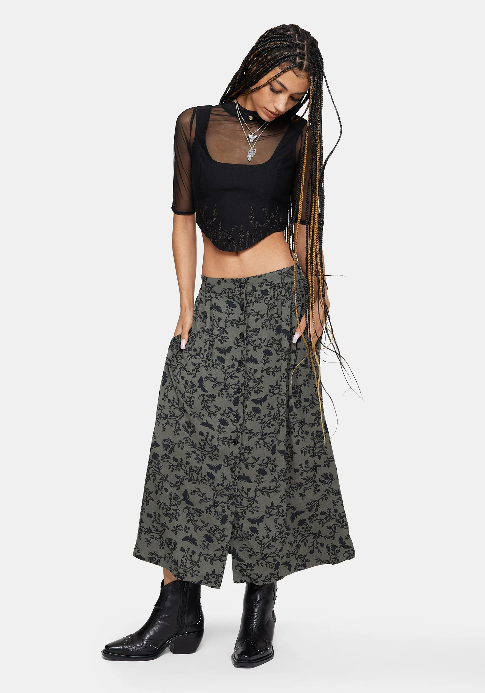 Morgana Button Up Midi Skirt - Green - Image 4