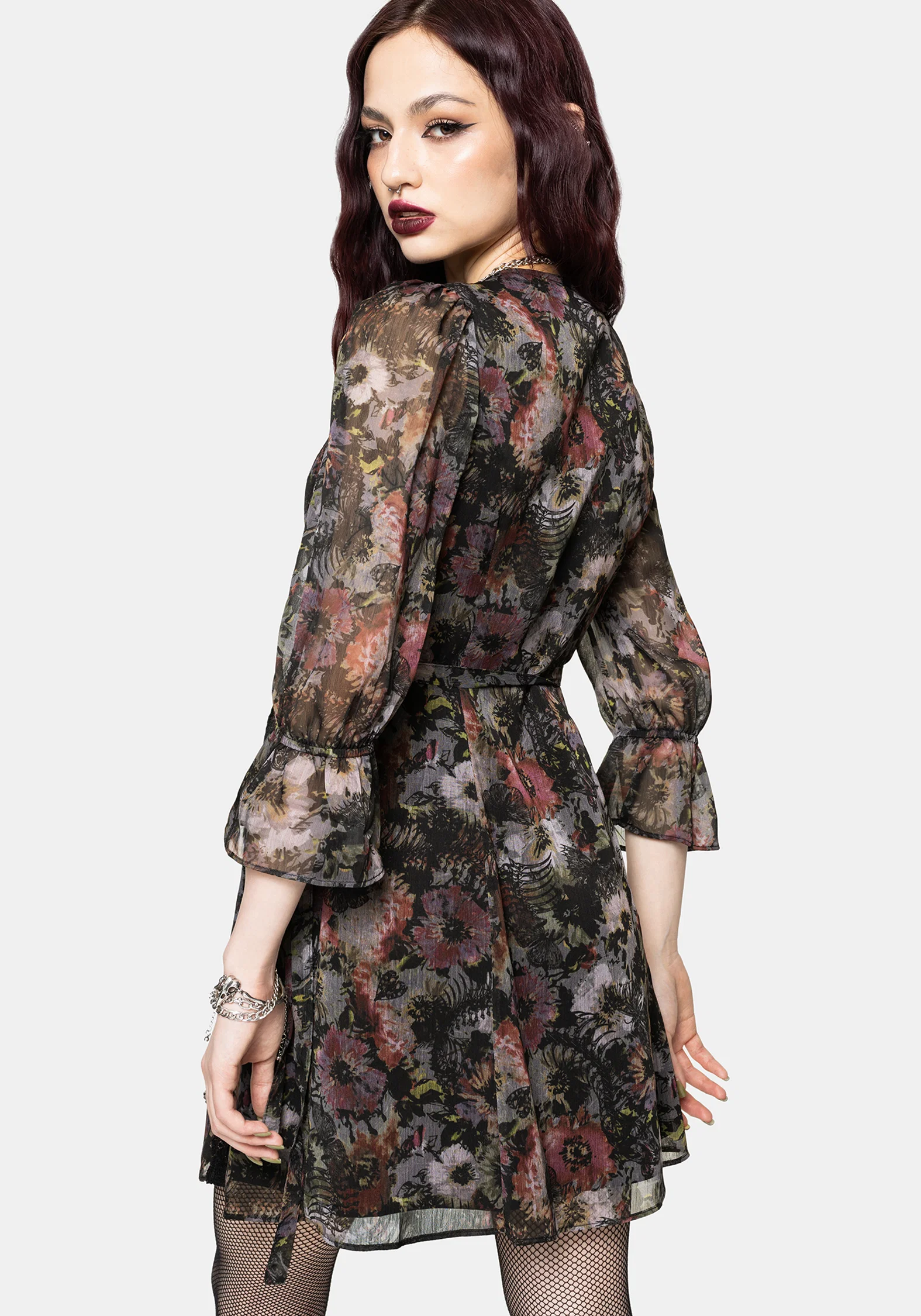 Mortua Grunge Floral Print Lace Trim Mini Wrap Dress - Image 3