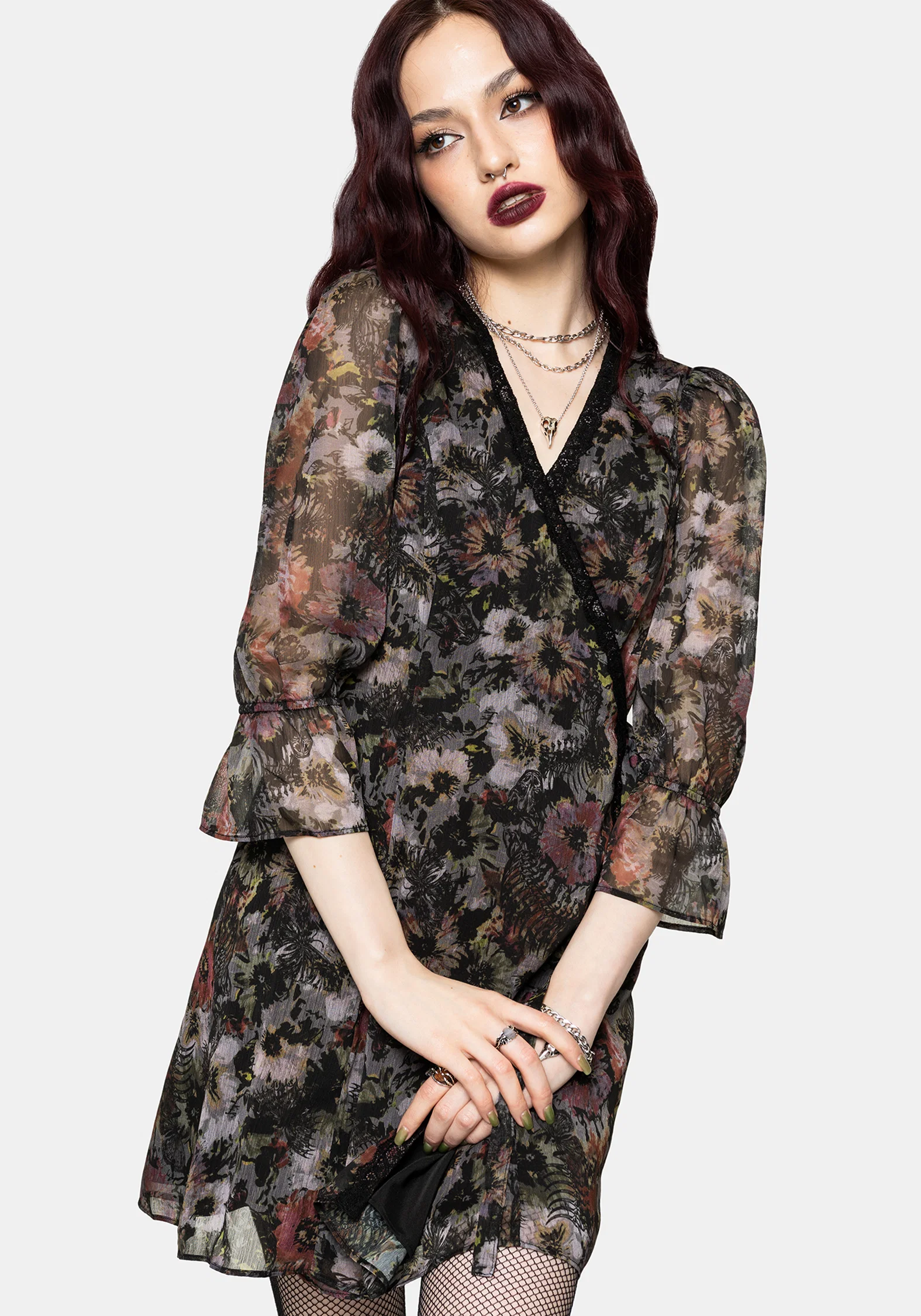 Mortua Grunge Floral Print Lace Trim Mini Wrap Dress - Image 4