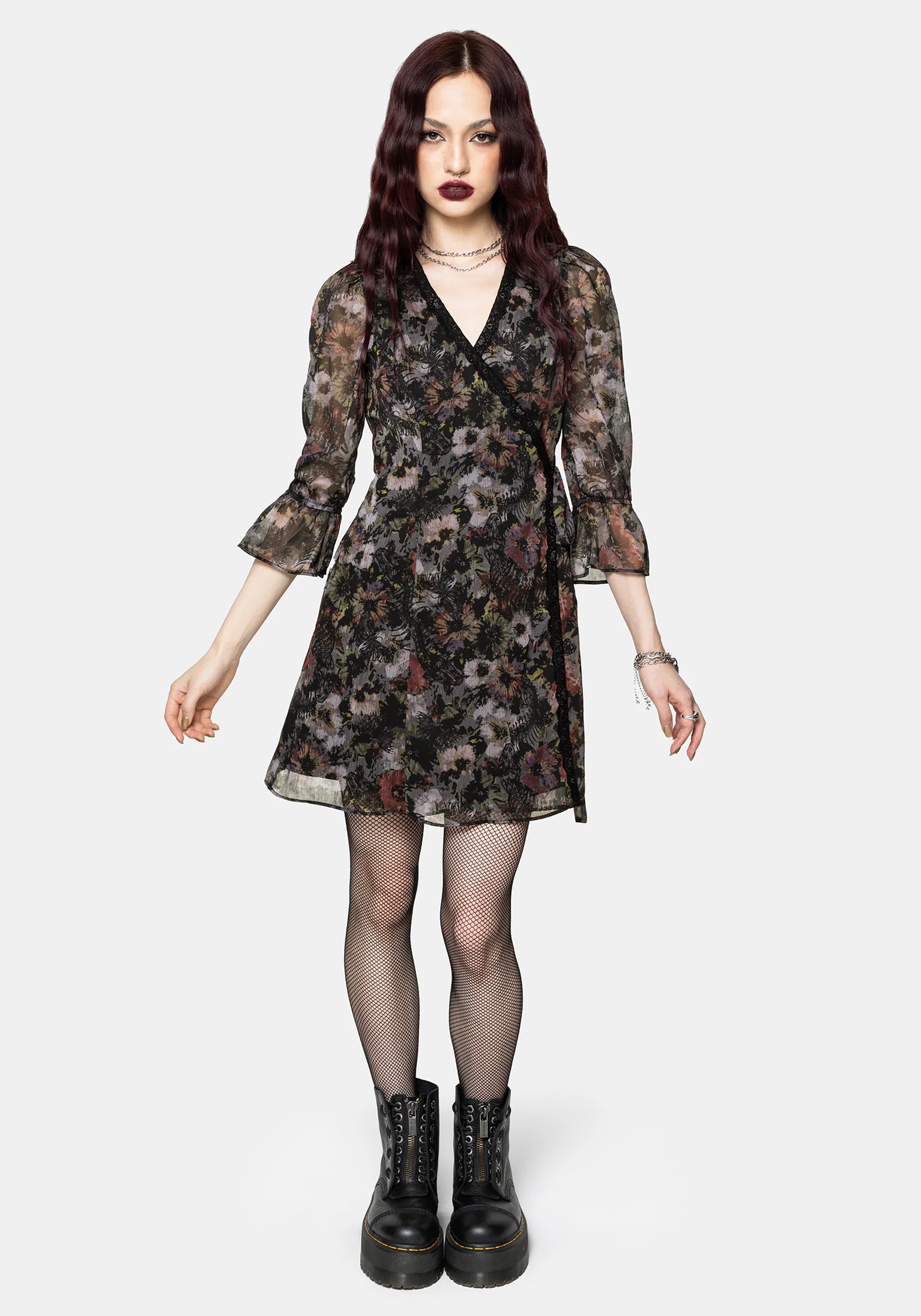 Mortua Grunge Floral Print Lace Trim Mini Wrap Dress - Image 5