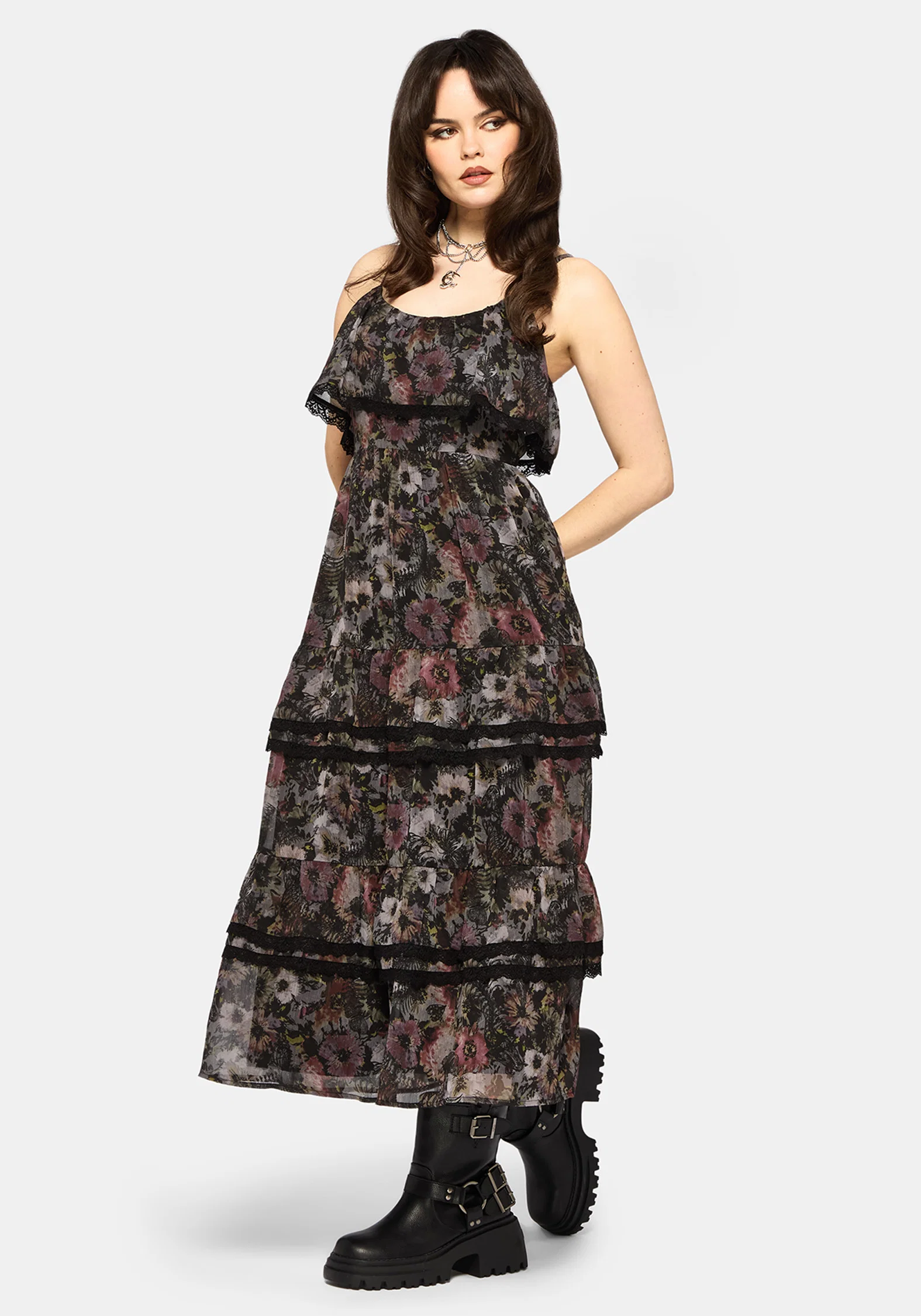 Mortua Grunge Floral Print Peplum Frill Cami Maxi Dress - Image 2