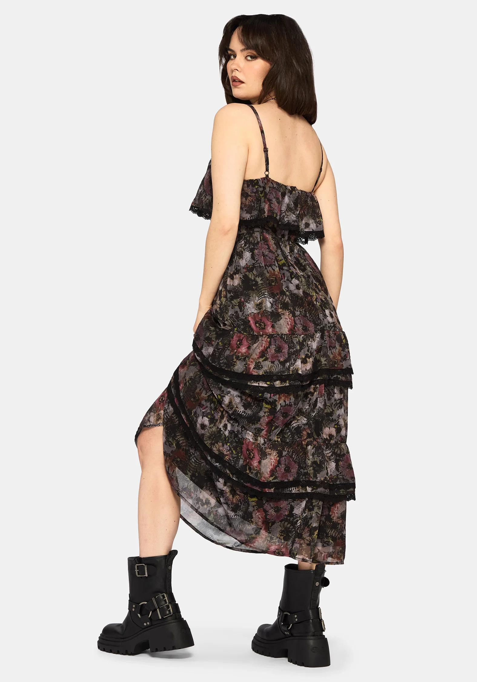 Mortua Grunge Floral Print Peplum Frill Cami Maxi Dress - Image 4