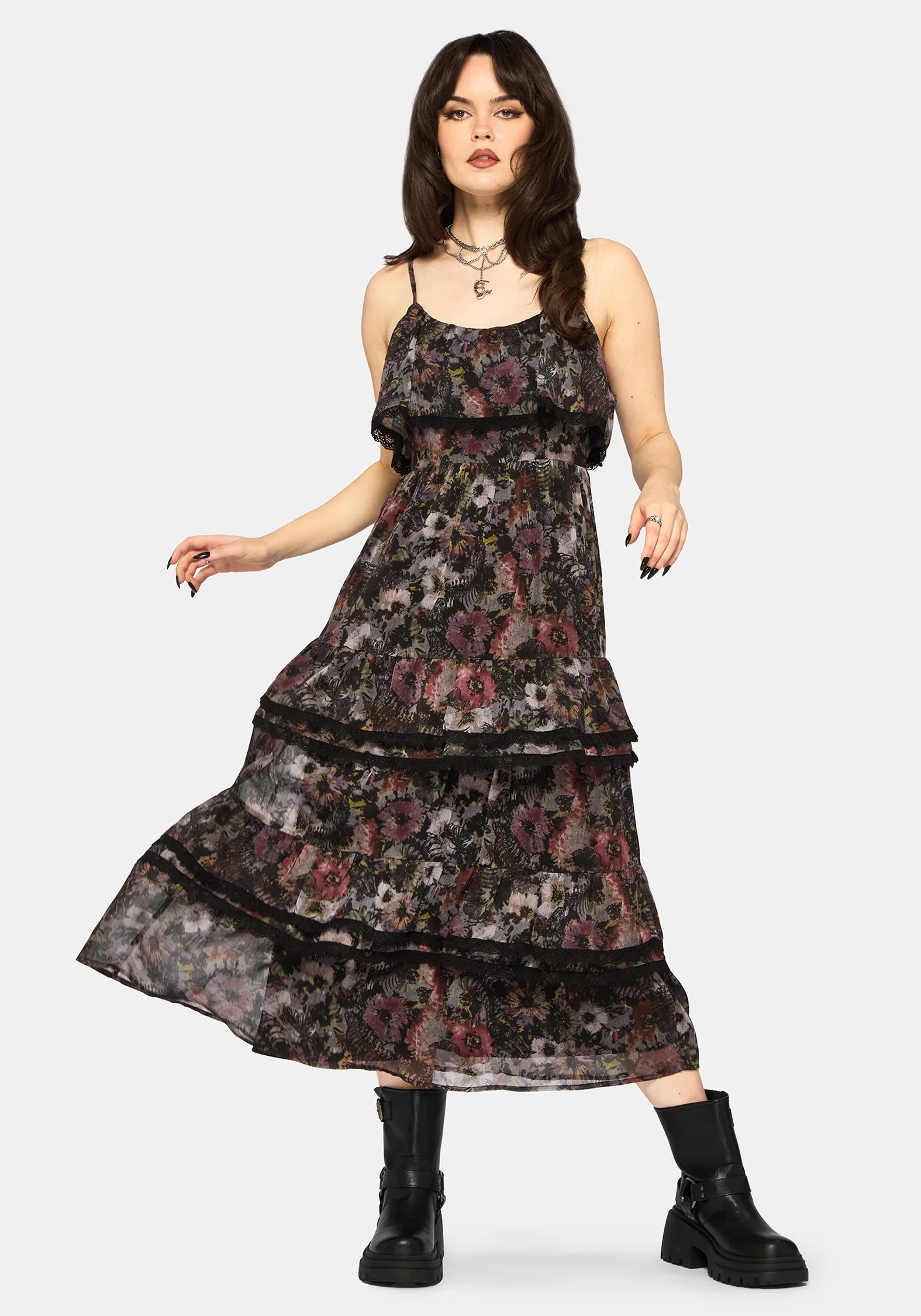 Mortua Grunge Floral Print Peplum Frill Cami Maxi Dress - Image 5
