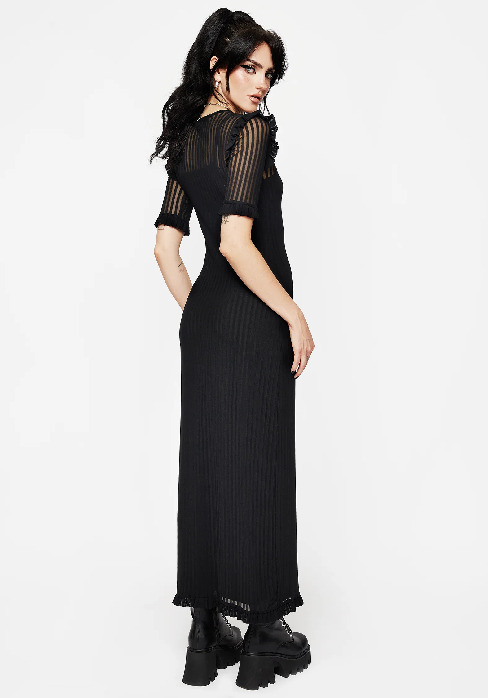 Mourning Ruffle Detail Mesh Short Sleeve Maxi Dress - Image 3