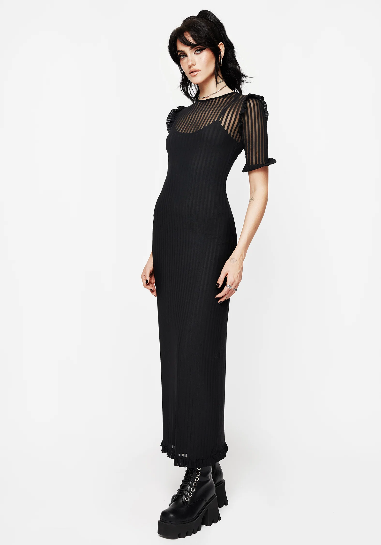 Mourning Ruffle Detail Mesh Short Sleeve Maxi Dress - Image 4