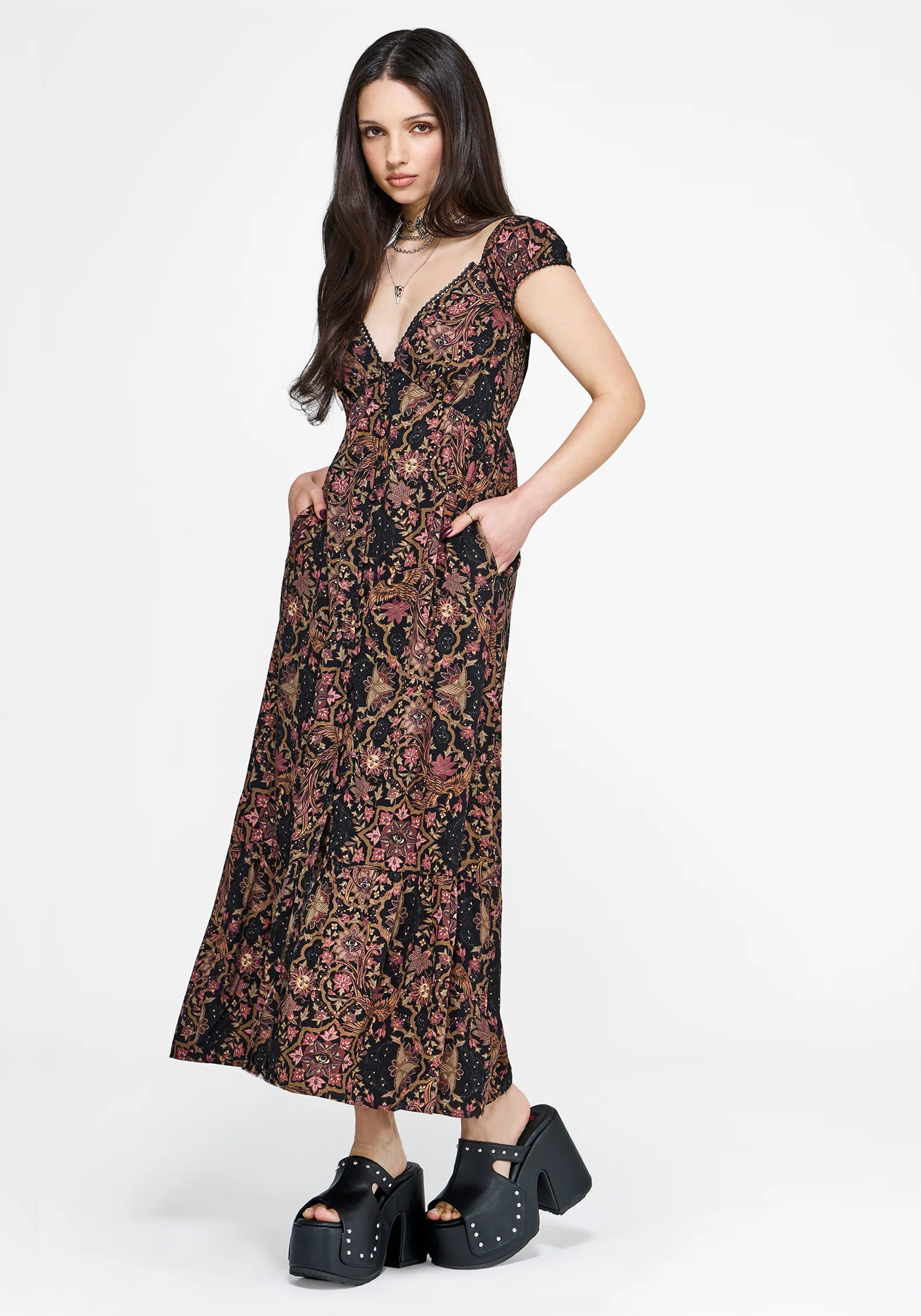 Mythos Print Milkmaid Smock Midaxi Dress - Image 7