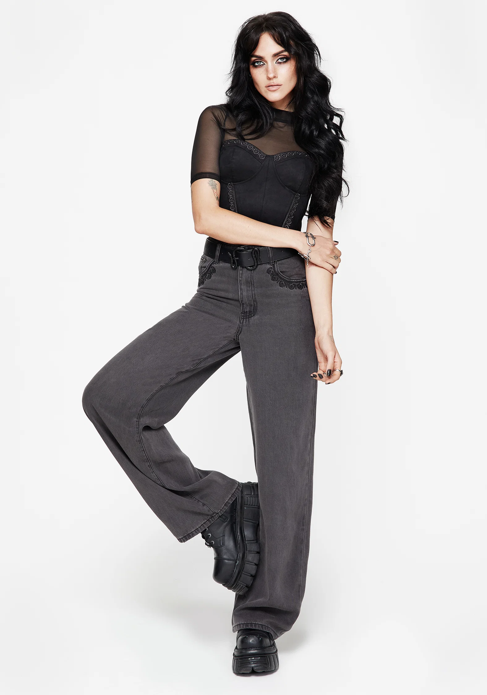 Nara Wide Leg Distressed Gothic Embroidery Jeans - Image 4