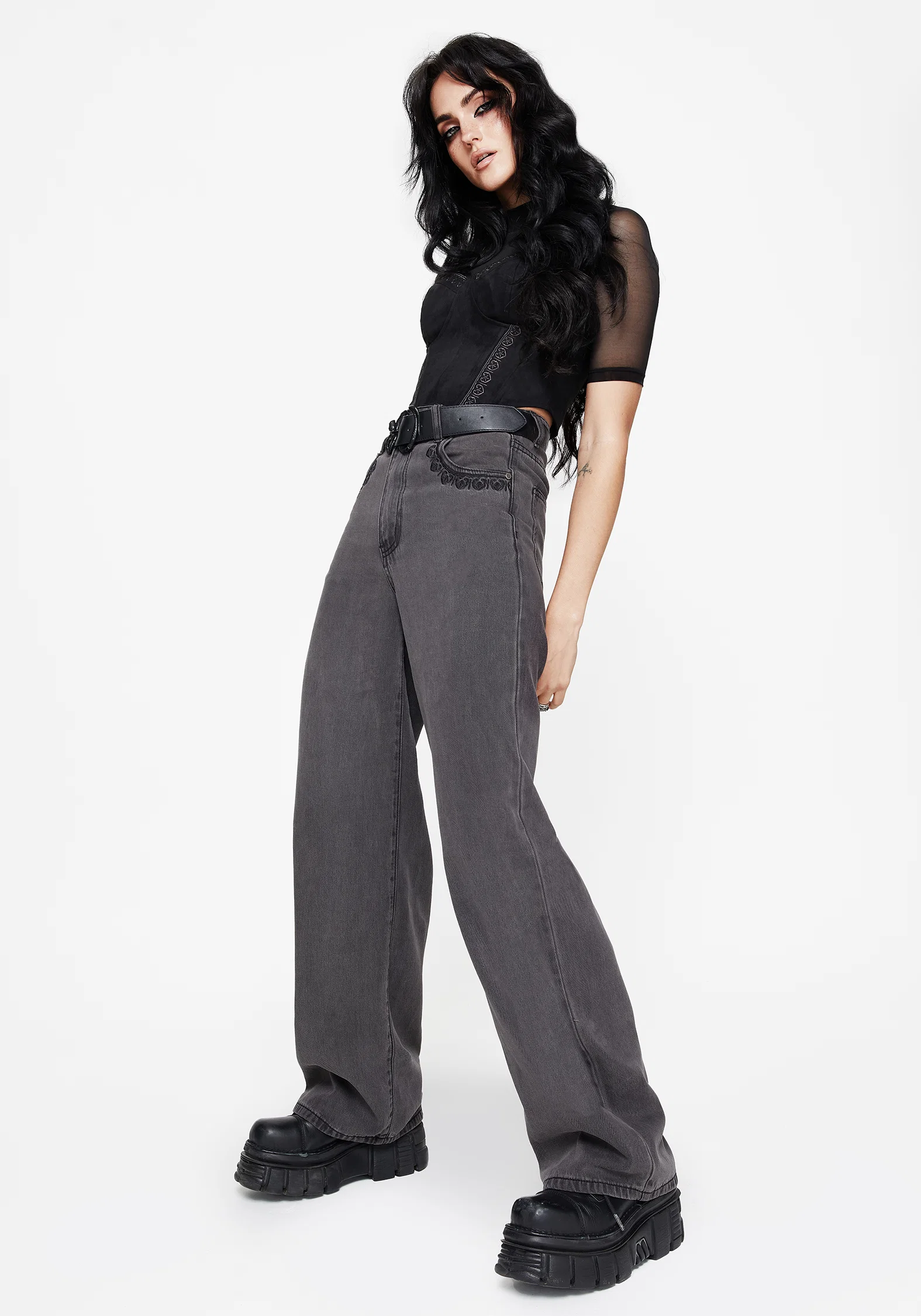 Nara Wide Leg Distressed Gothic Embroidery Jeans - Image 5