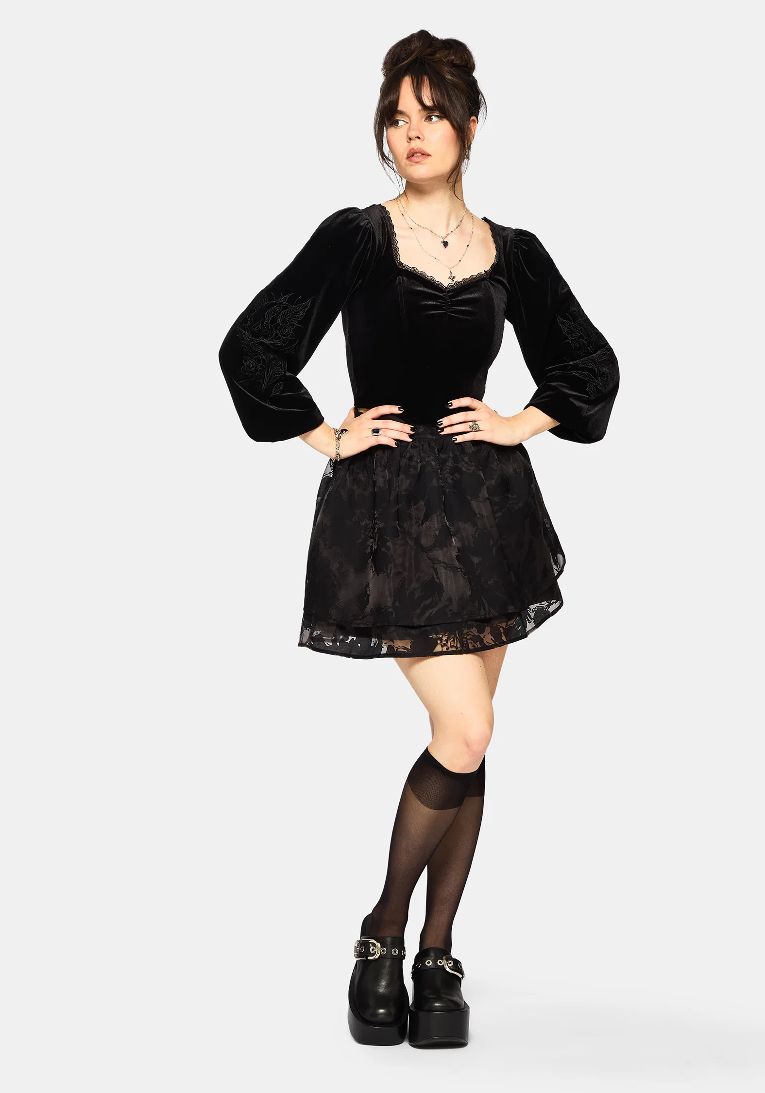 Nelle Velour Embroidered Puff Sleeve Corset Top - Image 5