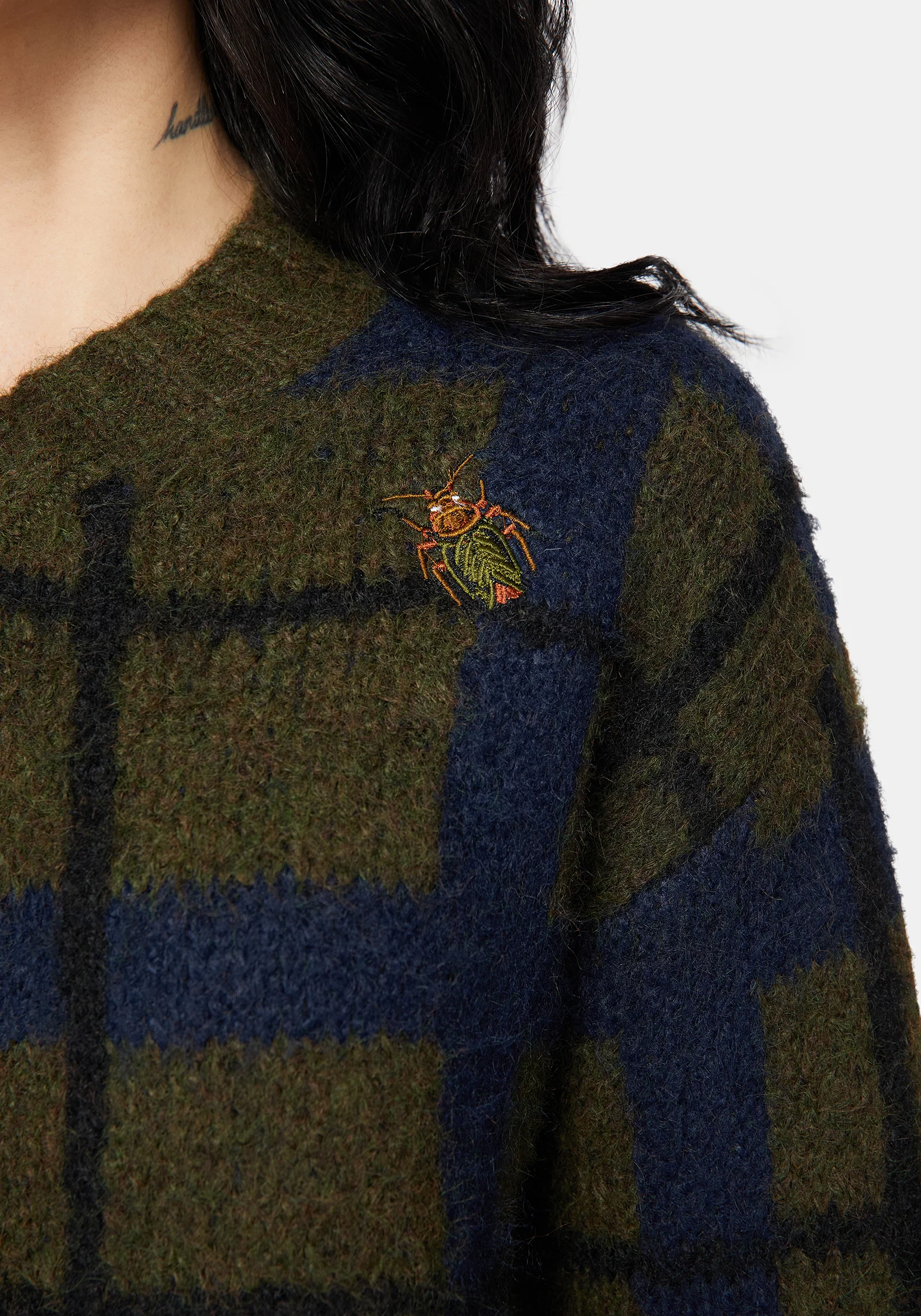 Nelly Spliced Check Bug Jacquard Cropped Knit Jumper - Image 2