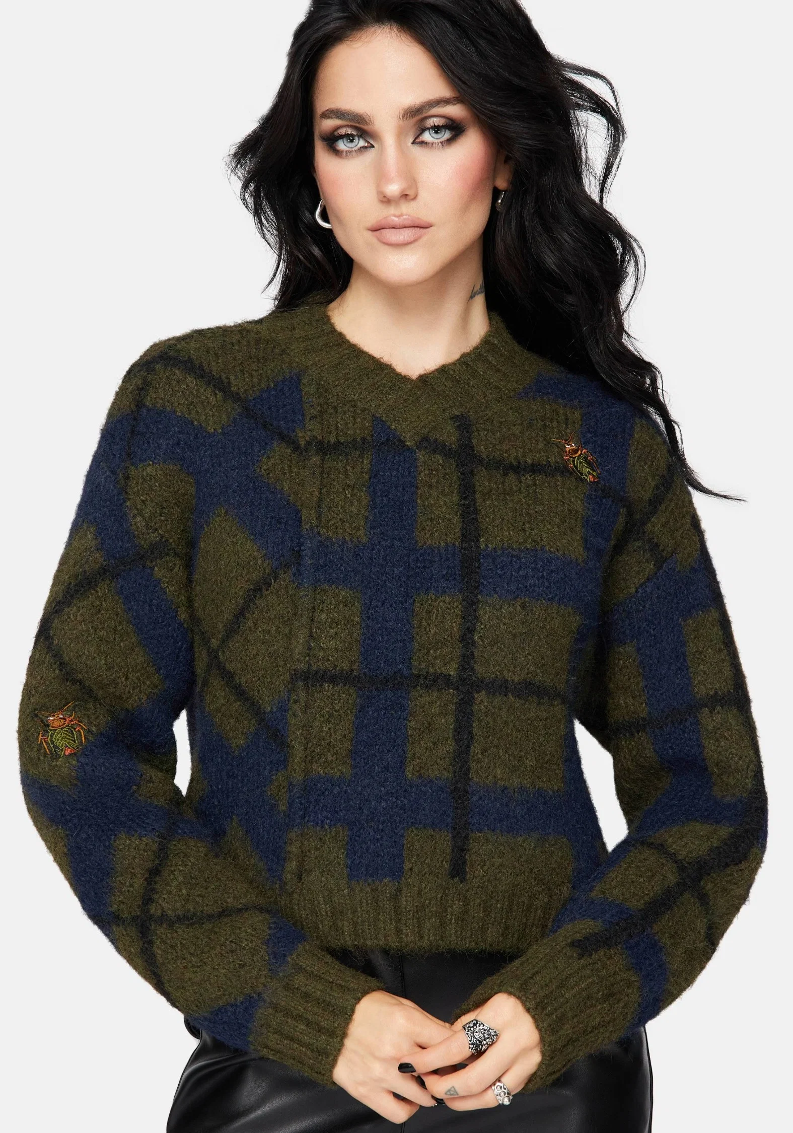Nelly Spliced Check Bug Jacquard Cropped Knit Jumper - Image 4