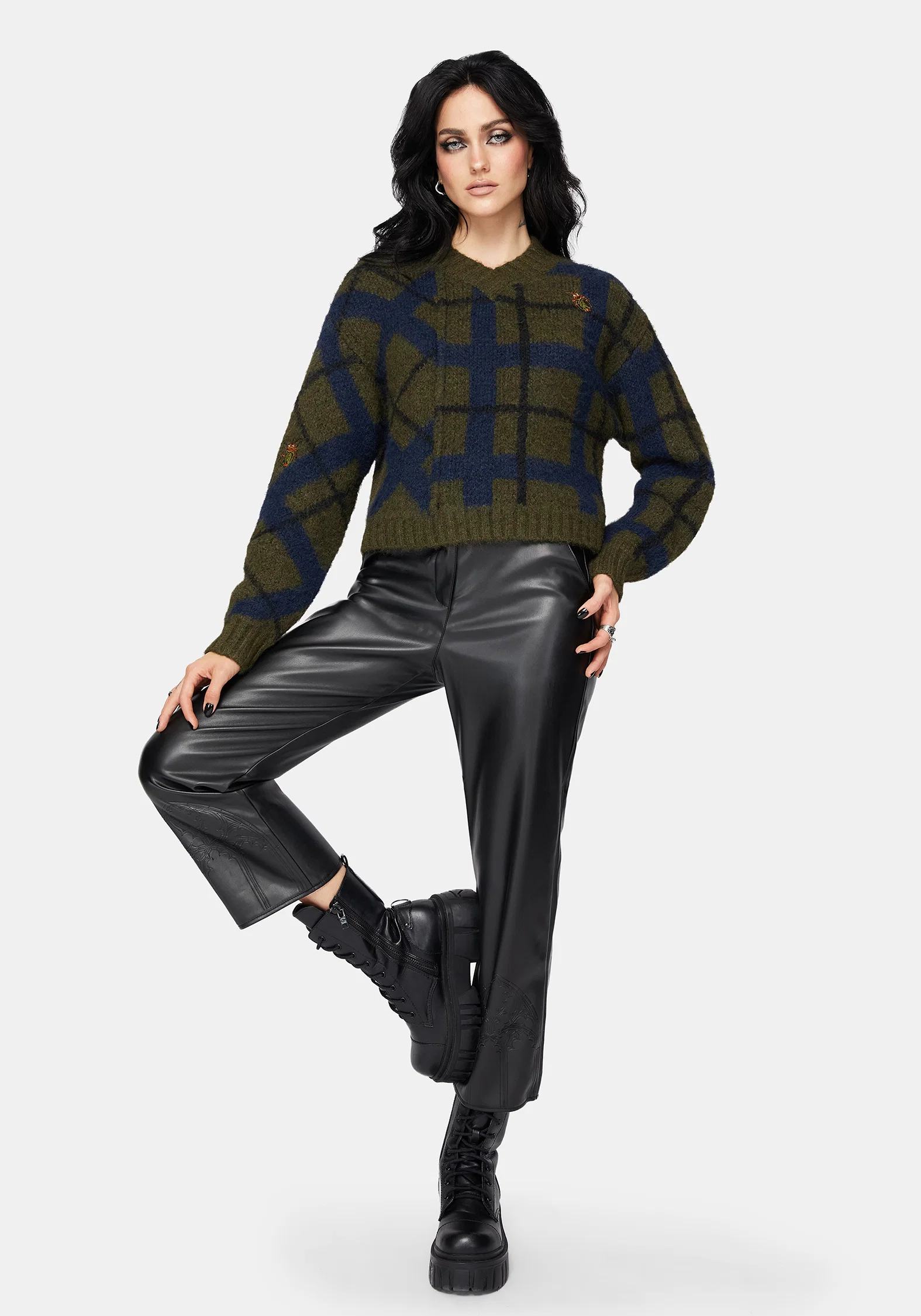 Nelly Spliced Check Bug Jacquard Cropped Knit Jumper - Image 5