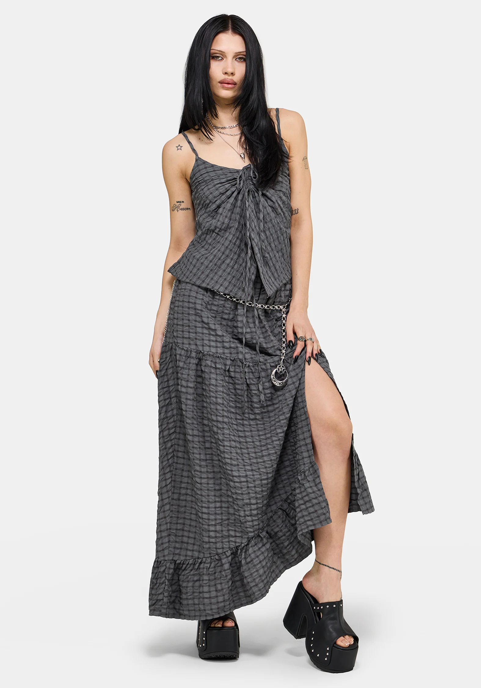 Nimira Check Asymmetrical Tiered Maxi Skirt - Image 2