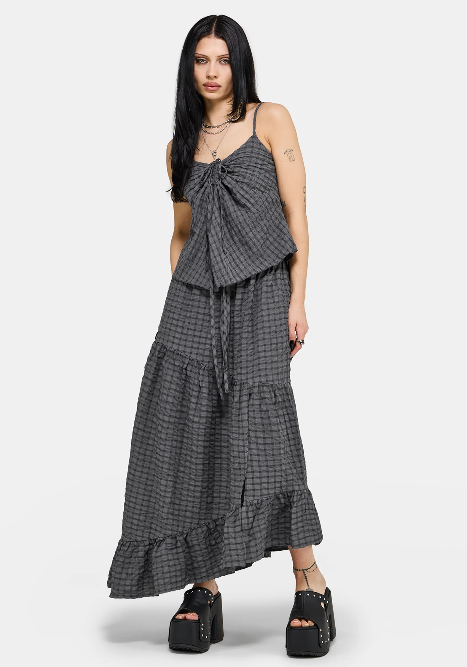 Nimira Check Asymmetrical Tiered Maxi Skirt - Image 5