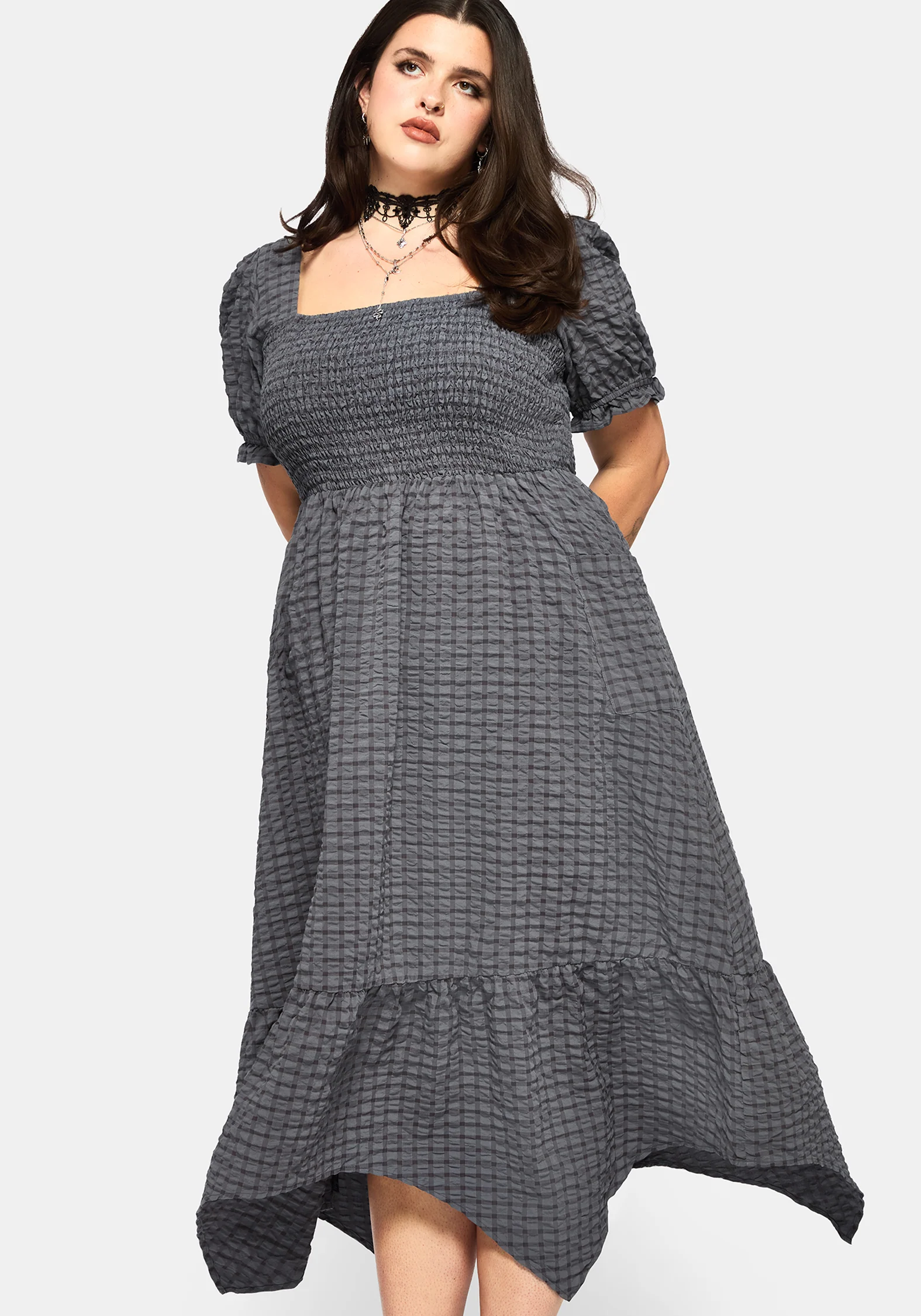 Nimira Check Handkerchief Hem Midi Dress - Image 10