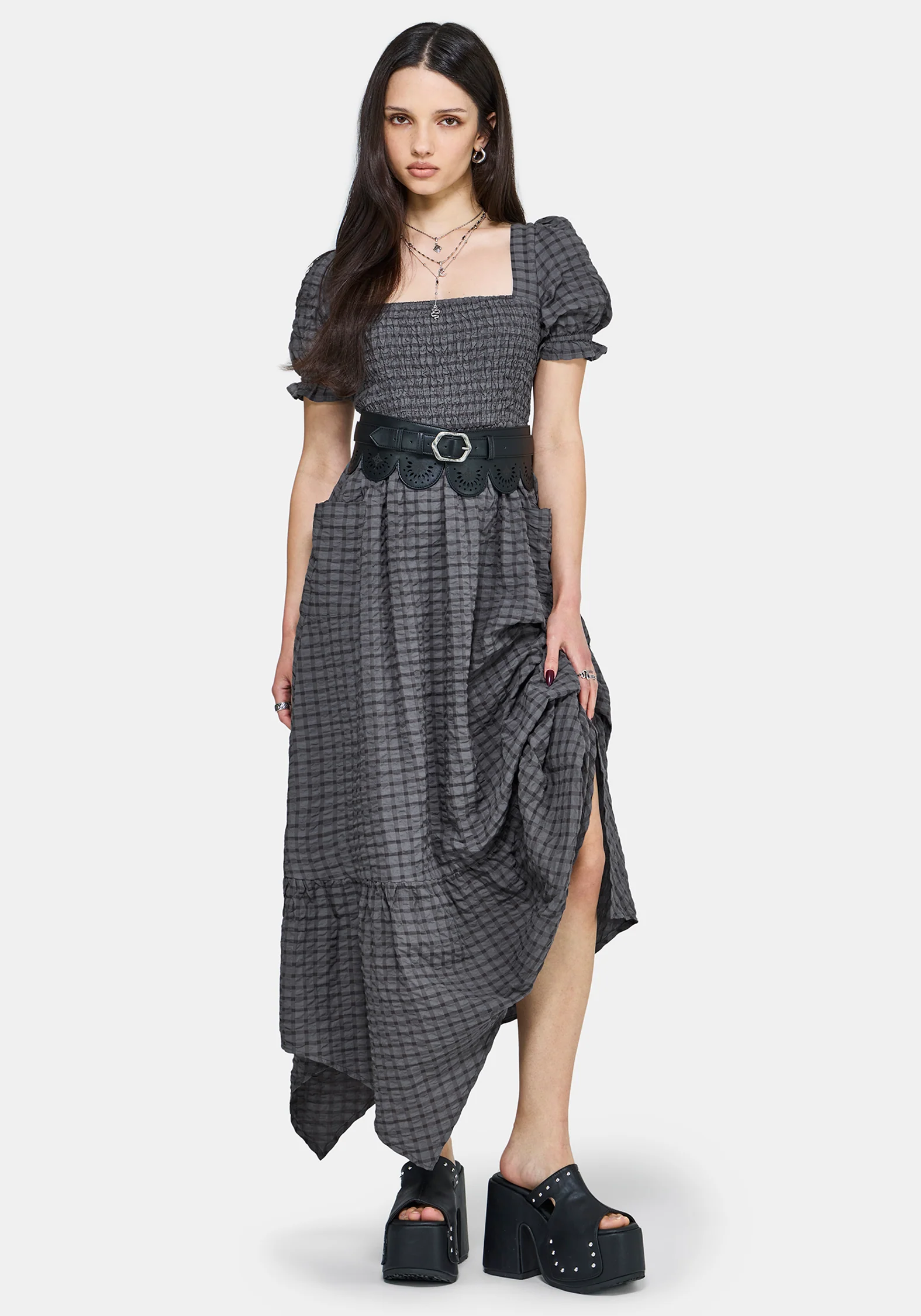 Nimira Check Handkerchief Hem Midi Dress - Image 5