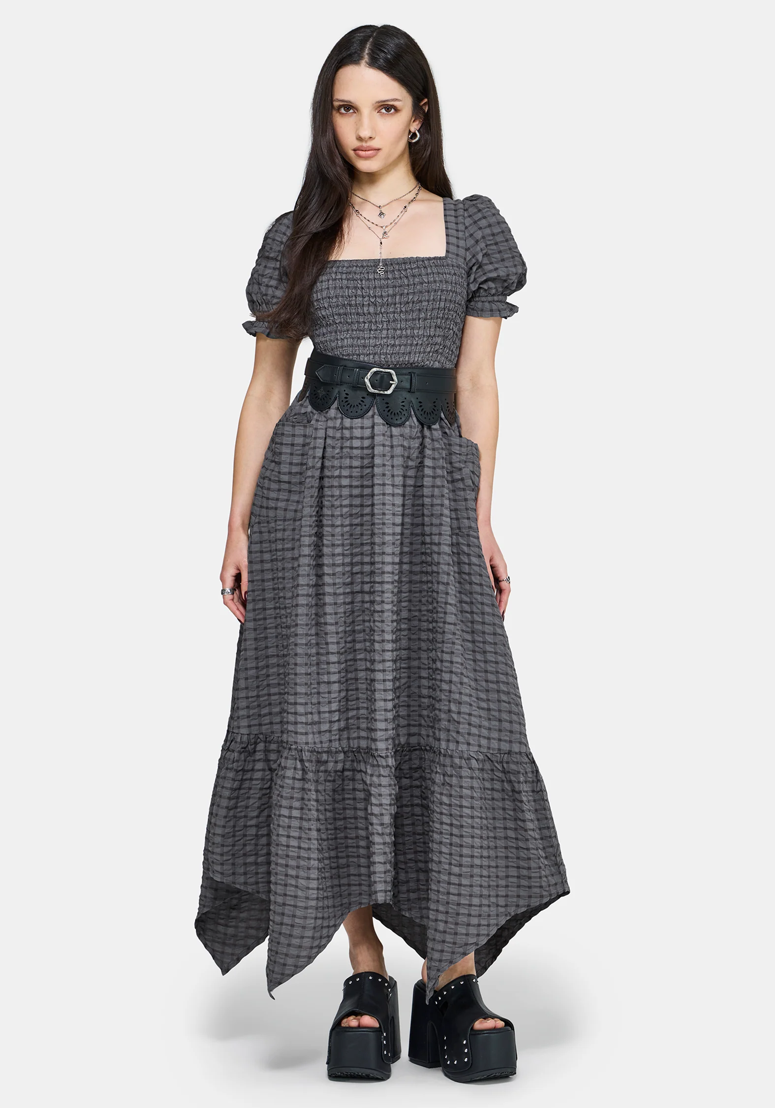 Nimira Check Handkerchief Hem Midi Dress - Image 7