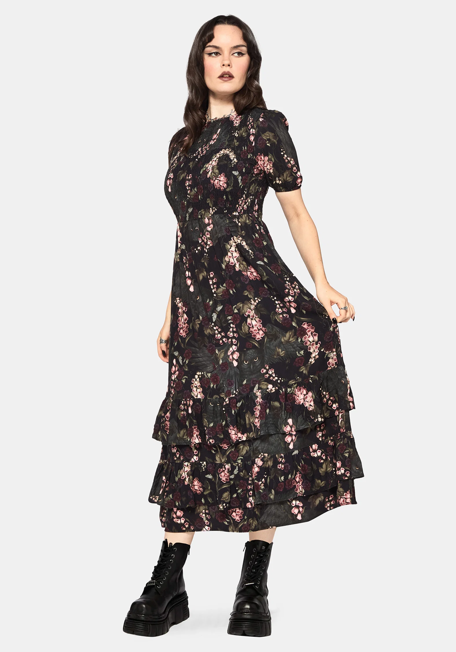 Noctua Owl Foxglove Printed Tiered Midaxi Dress - Image 4