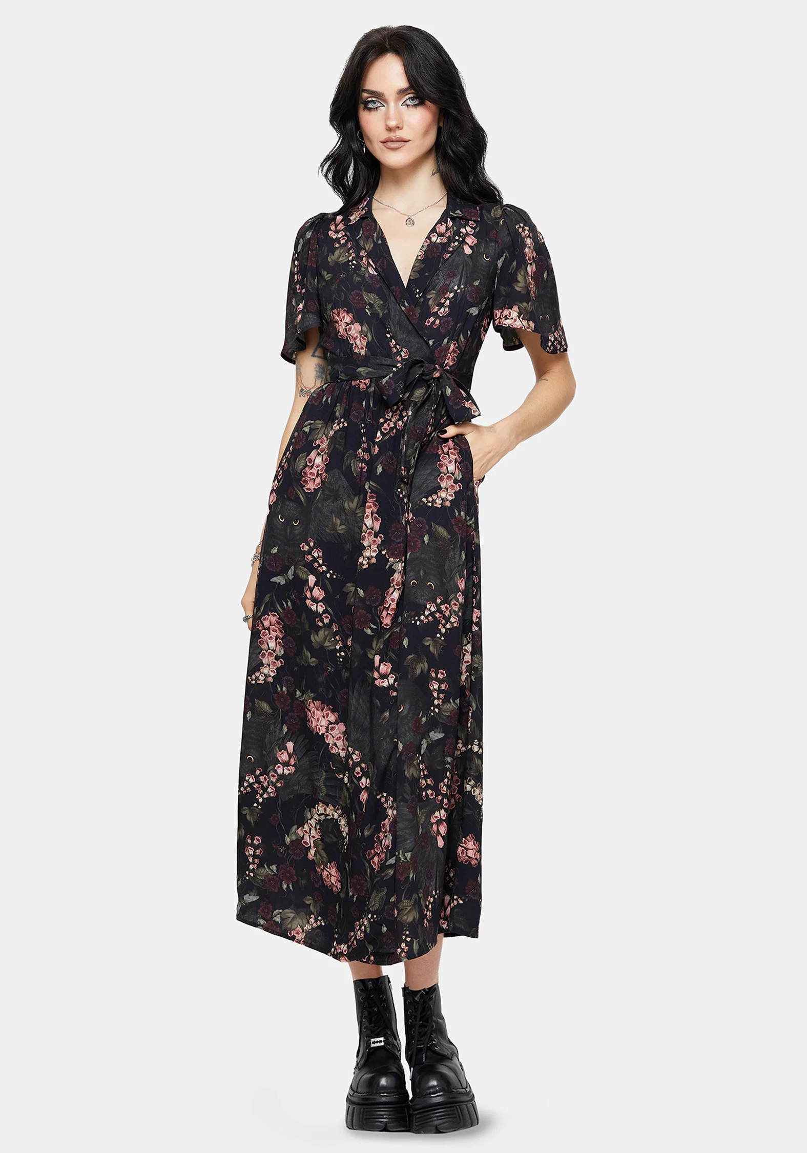Noctua Owl Foxglove Printed Wrap Midaxi Shirt Dress - Image 4