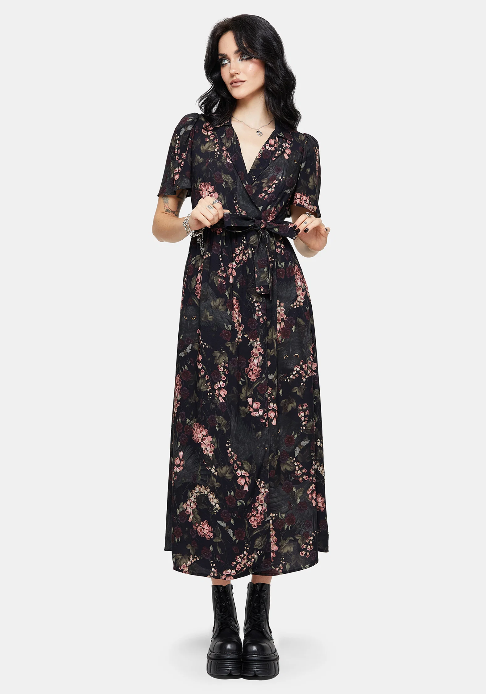Noctua Owl Foxglove Printed Wrap Midaxi Shirt Dress - Image 6