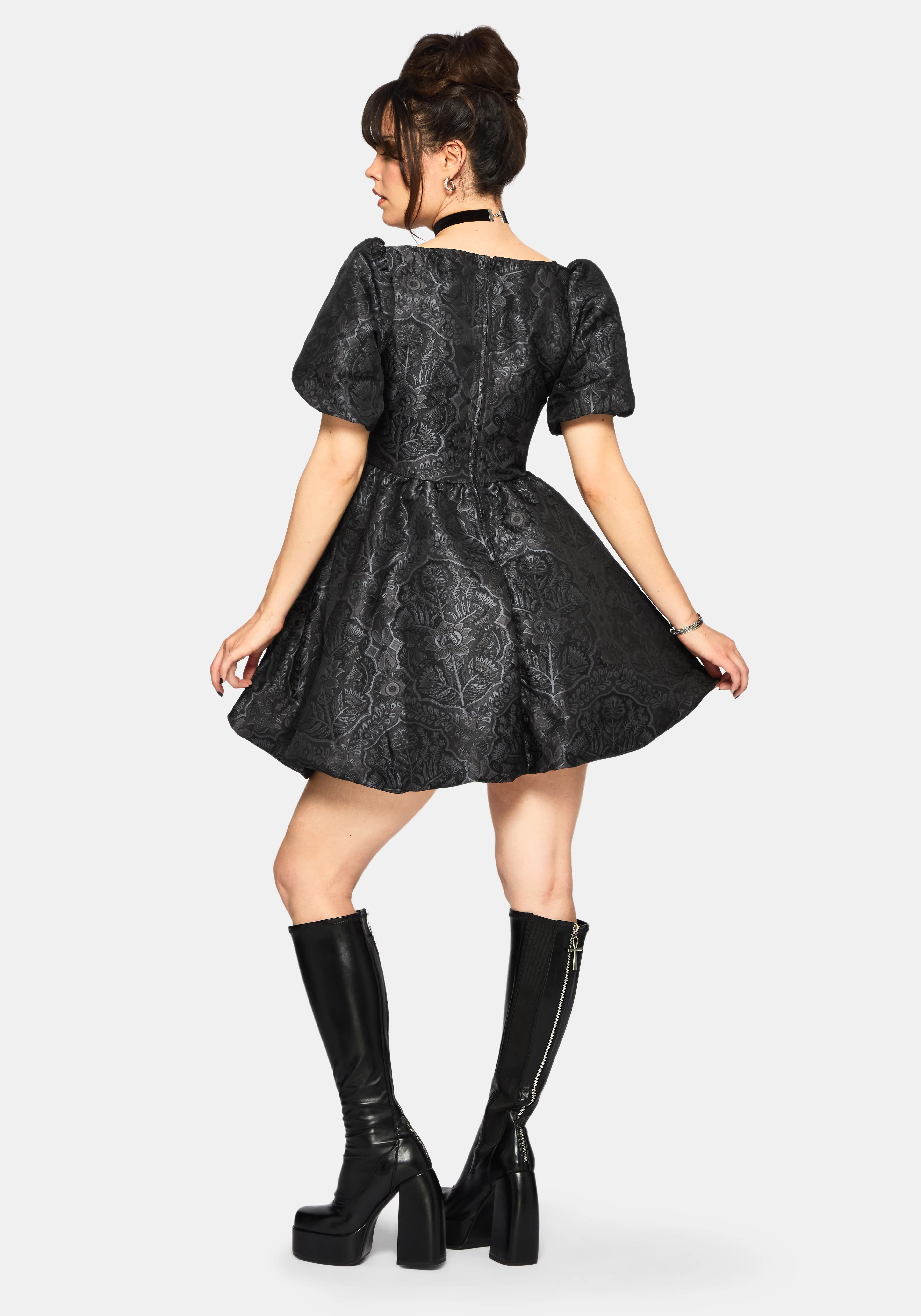Nocturna Jacquard Scoop Neck Puffball Mini Dress - Image 3