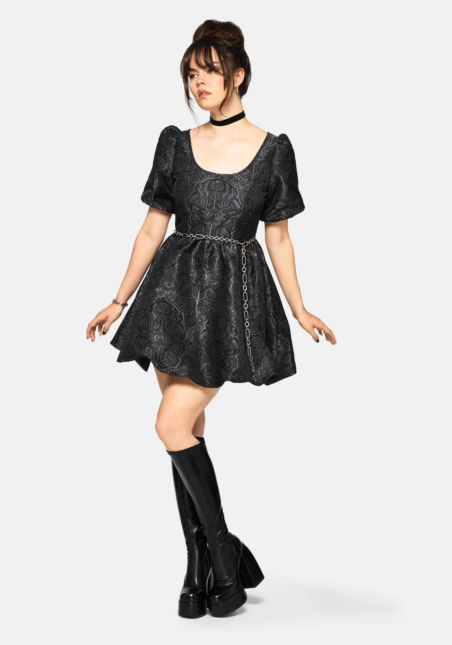 Nocturna Jacquard Scoop Neck Puffball Mini Dress - Image 4